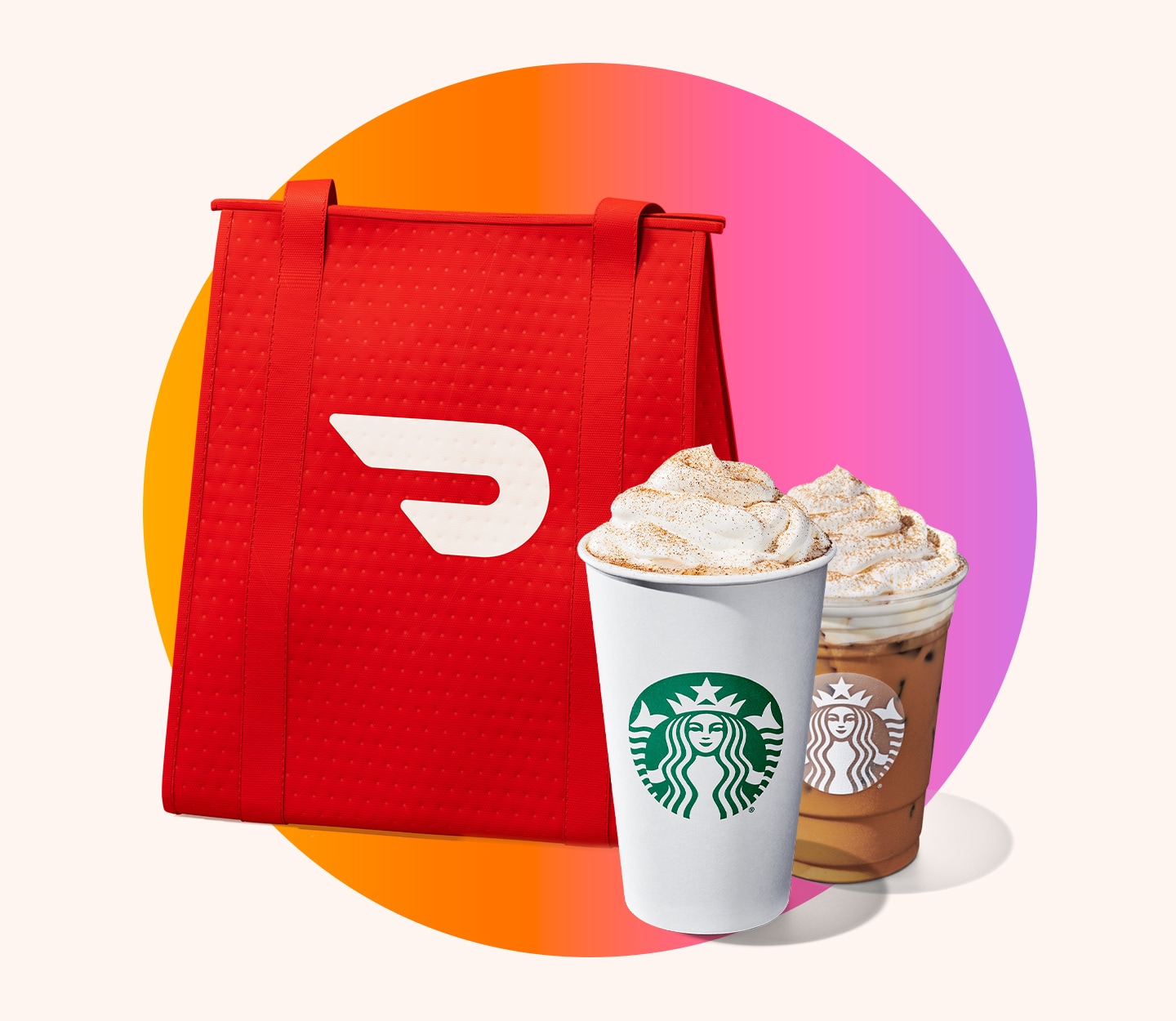 Pumpkin Spice Latte Beverage sitting next to a red DoorDash delivery bag.