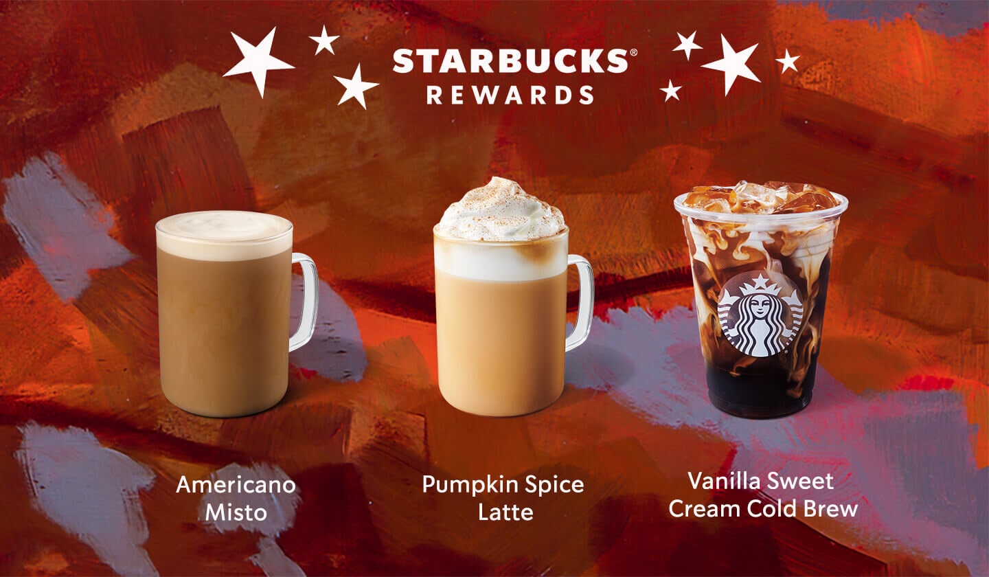 Image of an Americano Misto, Pumpkin Spice Latte, and Vanilla Sweet Cream Cold Brew underneath gold stars and the Starbucks Rewards logo.