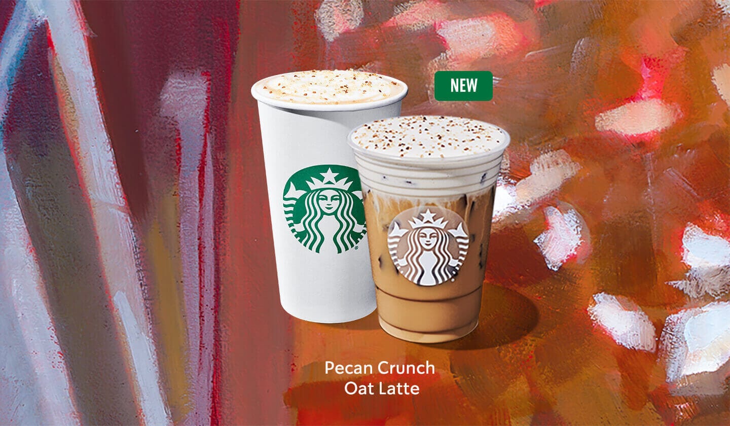 Image of a new Pecan Crunch Oat Latte in a cold and hot to-go cup.