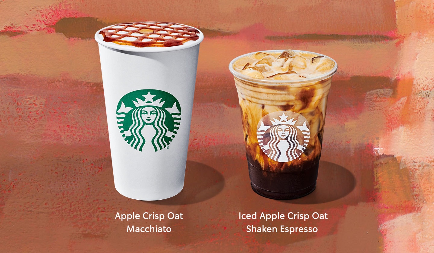 Apple Crisp Oat Macchiato with a waffle-shaped crisscross of sweet and silky syrup and Iced Apple Crisp Oat Shaken Espresso with milky infusion though the deep espresso brown