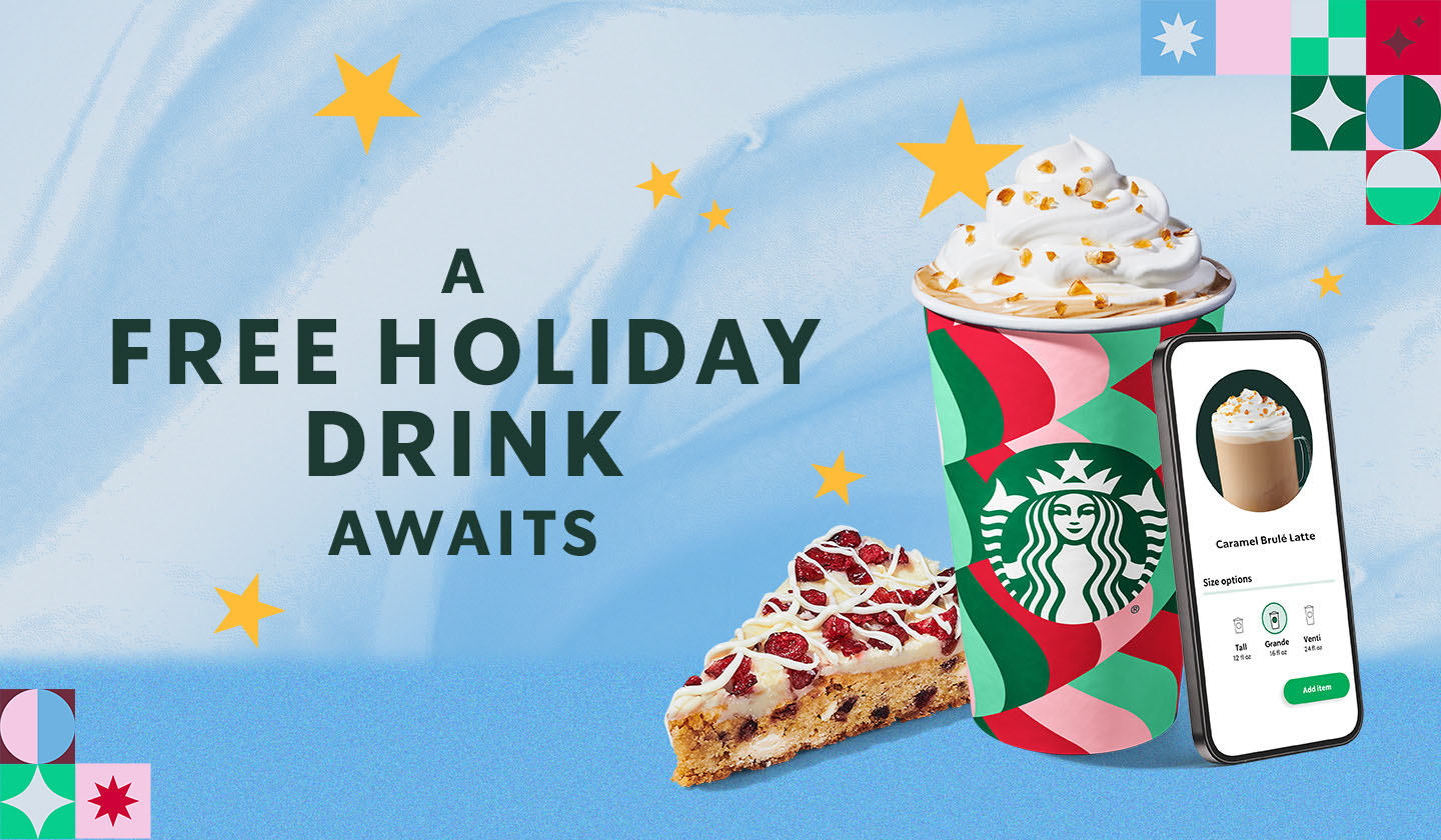 A free holiday drink awaits | A Starbucks holiday beverage with a phone