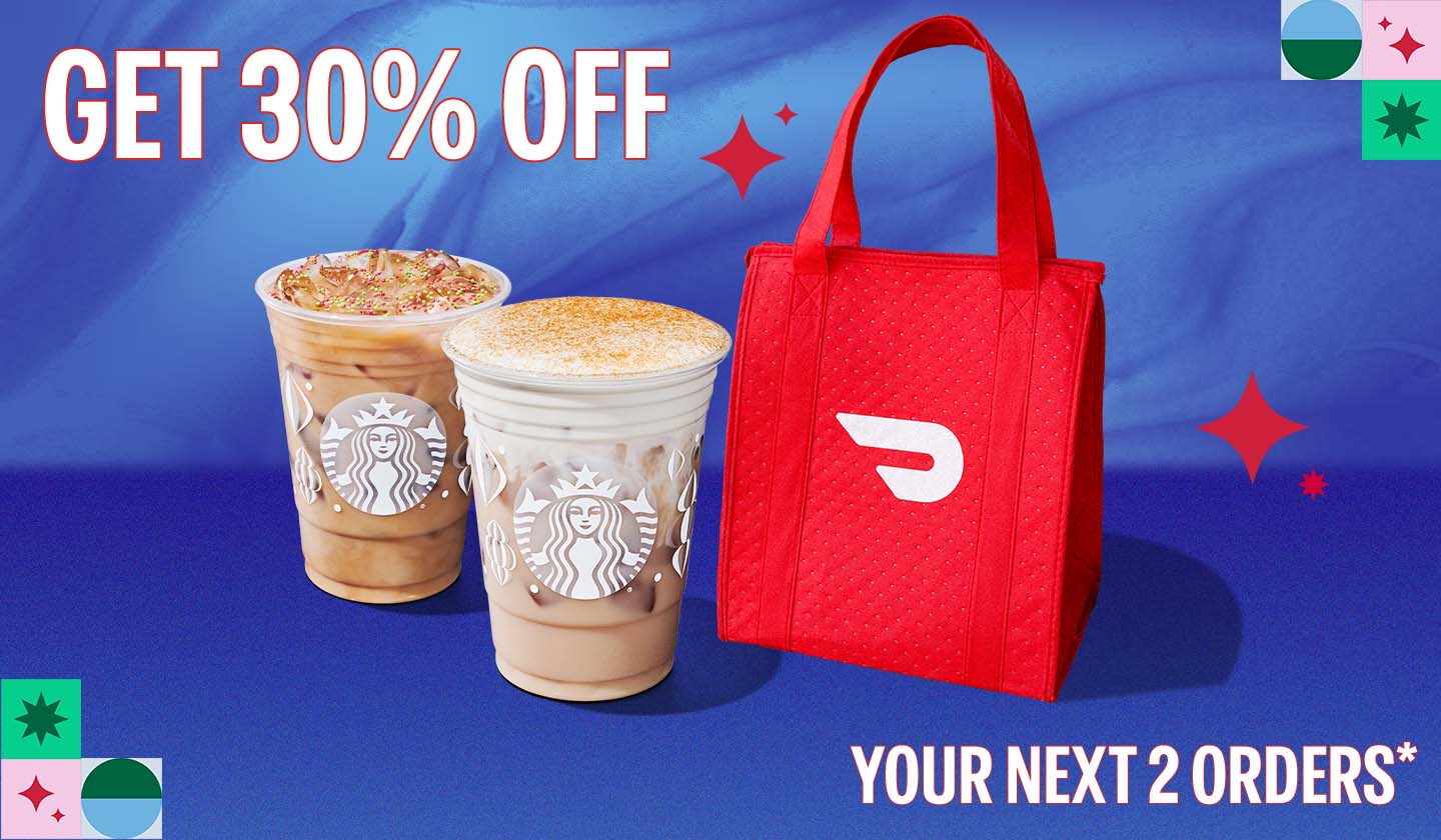 Get 30$ off your next 2 orders* | DoorDash takeout bag with Starbucks Holidays drinks