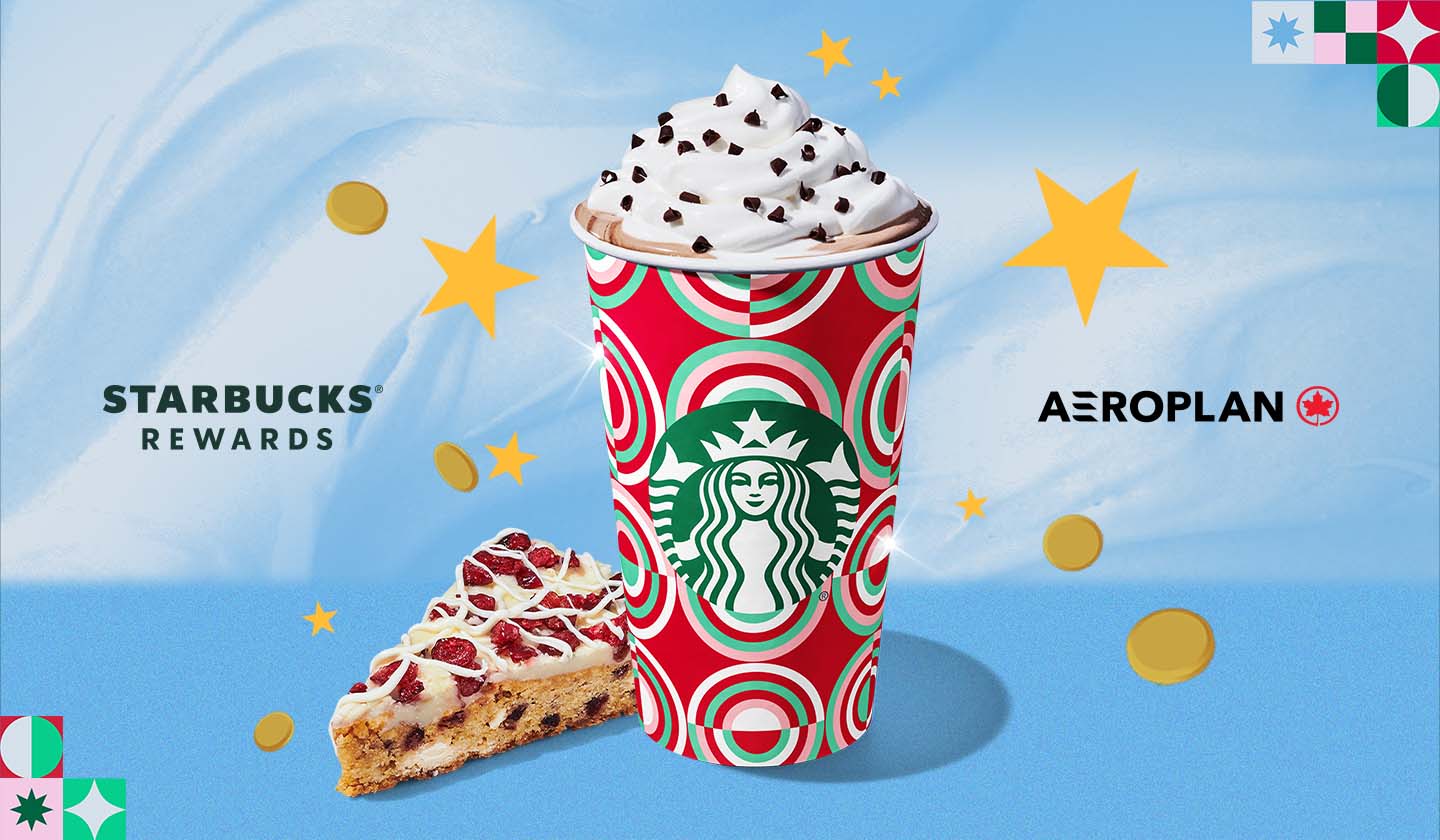 Starbucks Holiday products with the Aeroplan logo surrounded with coins and stars