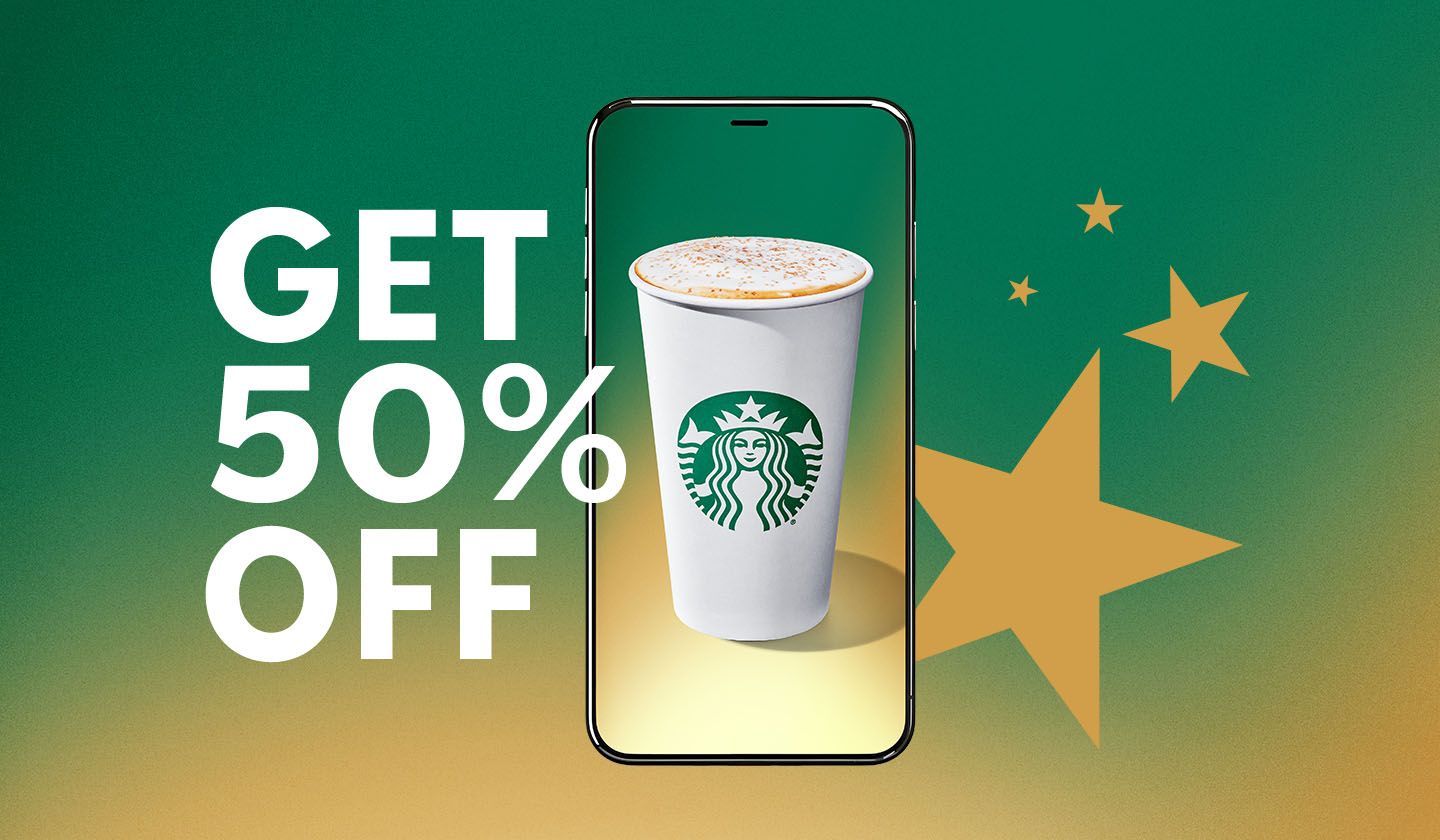 GET 50% OFF | A pistachio latte in a phone with the Starbucks Rewards star logo, surrounded by more stars on a green and gold background.