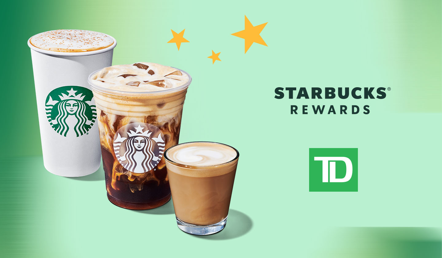 Starbucks winter drinks with the TD and Starbucks rewards logo, surrounded by stars.