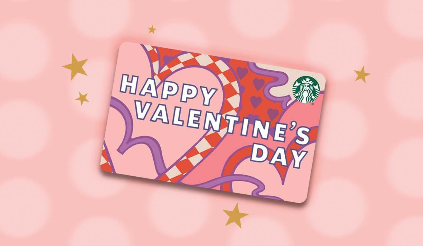 HAPPY VALENTINE’S DAY | Starbucks Valentine’s Day themed eGift on pink background with polka dots and stars