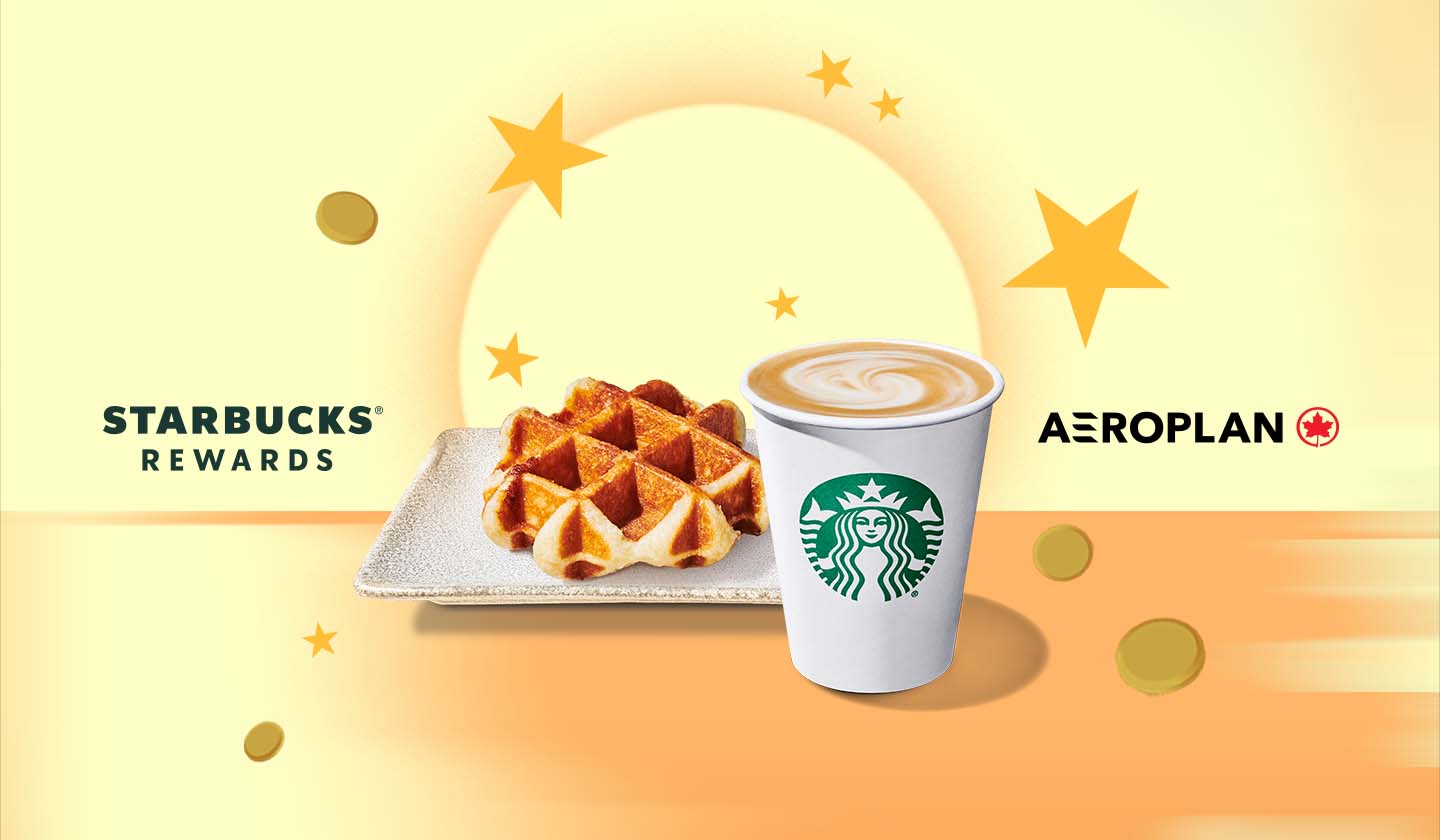 Starbucks winter drink and waffle surrounded by coins and stars with the Aeroplan and Starbucks Rewards logo.