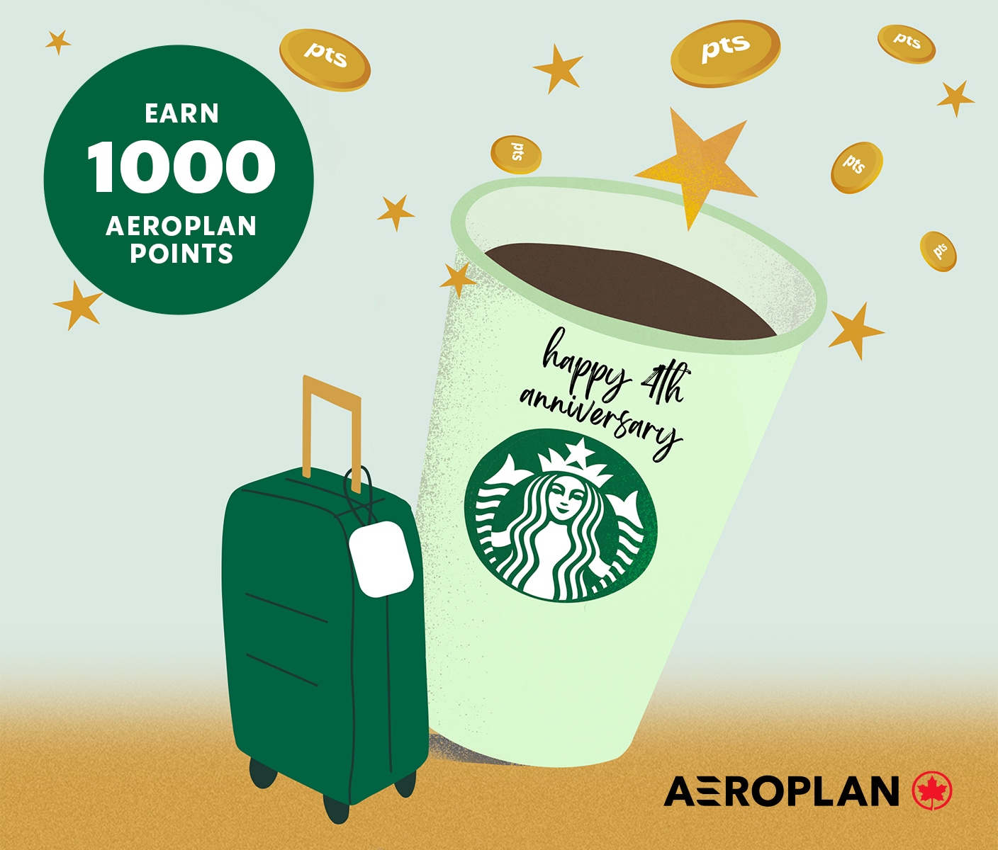 We see a travel cup paired with a suitcase against a green and gold background. there are stars bursting around them, like confetti. there is a special handwritten message the cup. “happy 4th anniversary” in cursive writing. “earn 1000 aeroplan points” is seen in a green circle with an aeroplan logo housed in the corner.