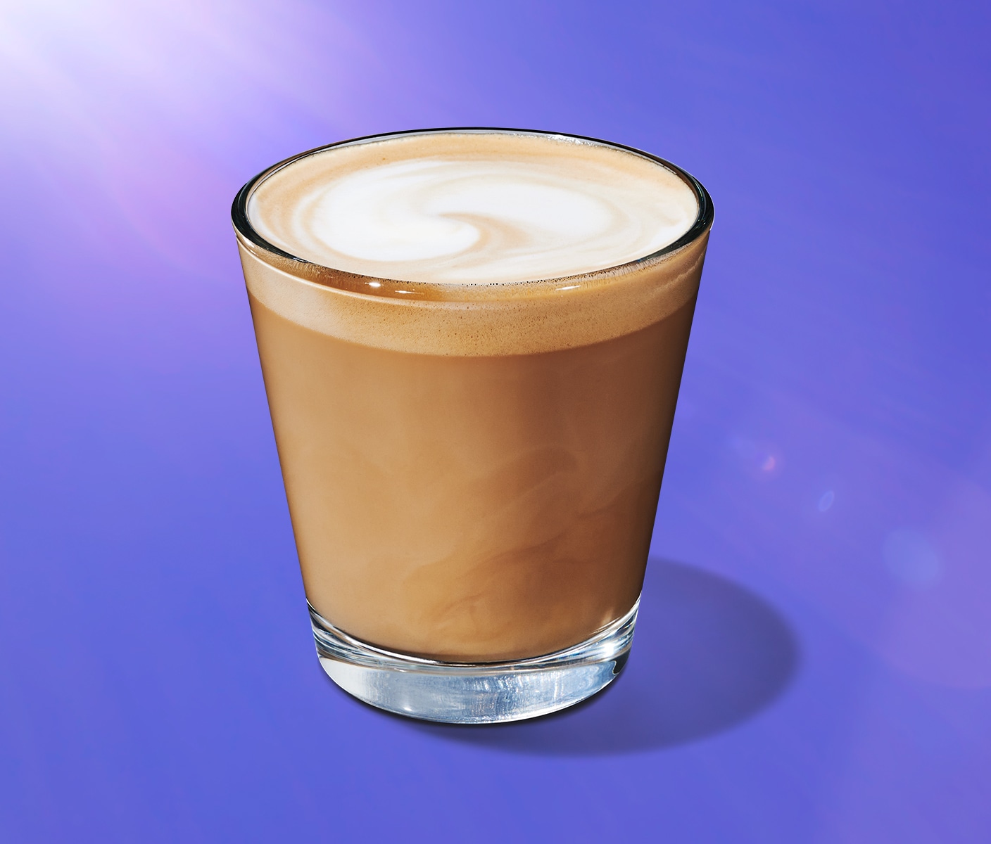 Hot coffee beverage on purple background.