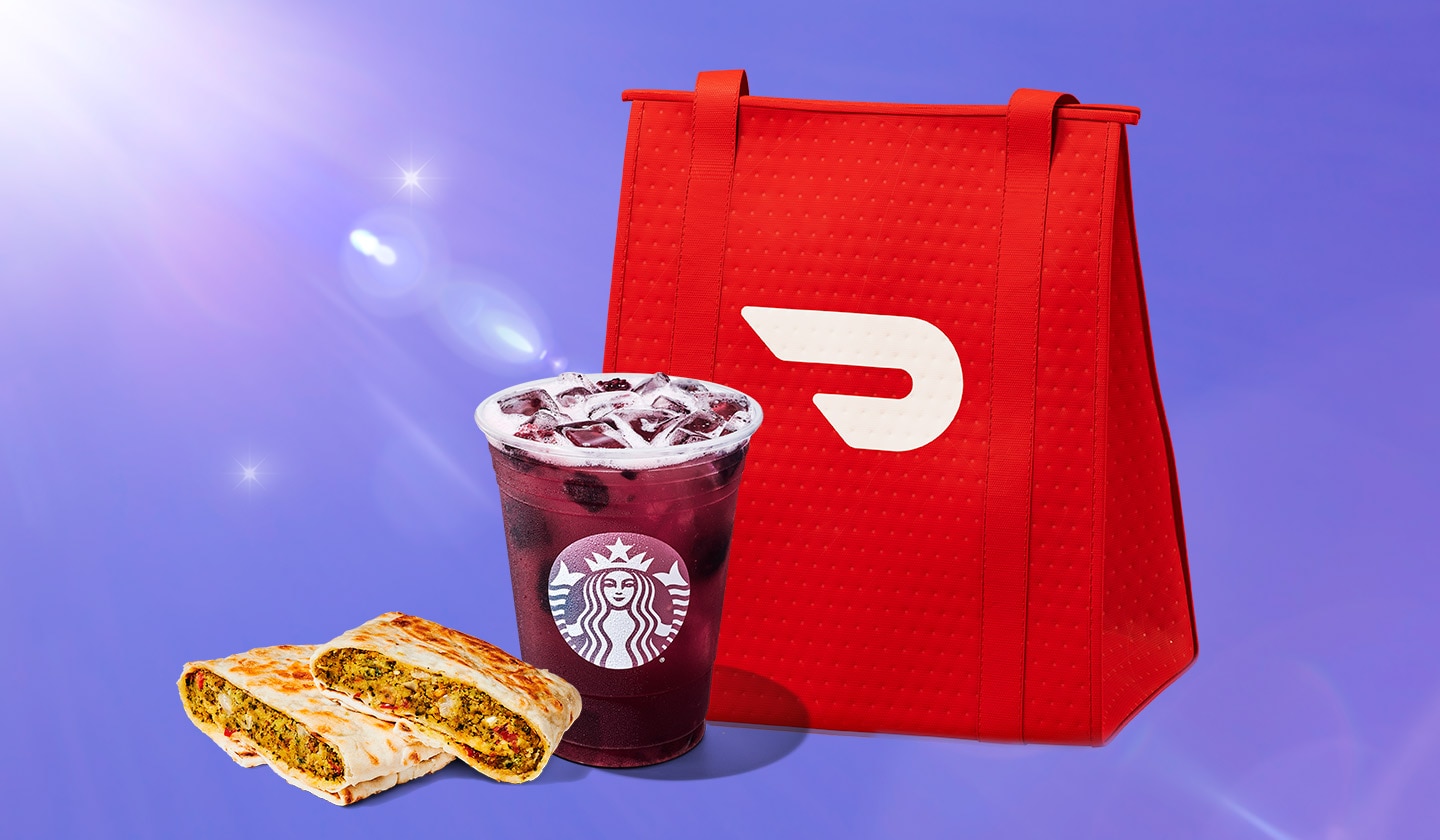 Handheld delicious Falafel pocket and our refreshing Blackberry Sage Refresher with DoorDash bag.