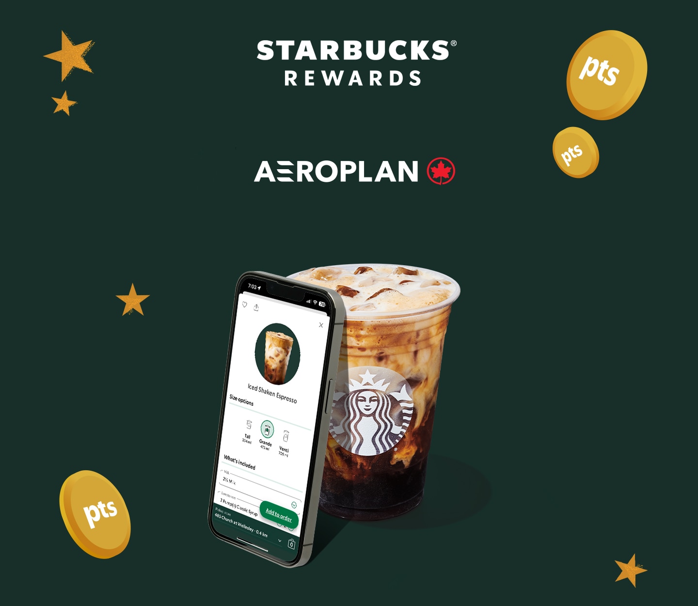 We see an Iced Shaken Espresso and a smartphone standing tall together against an evergreen background. Starbucks® Reward Stars surround them alongside a Aeroplan and Starbucks® Reward logo.