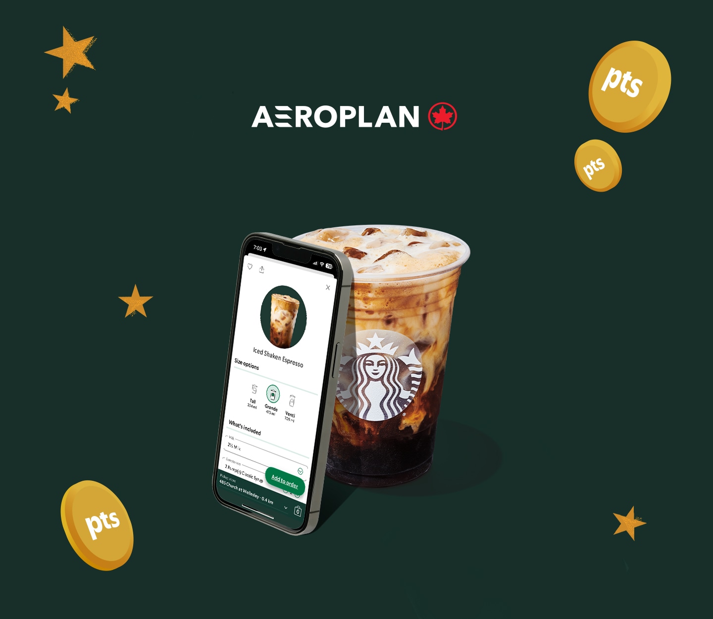 A delicious iced coffee with milk marbling its way through the cup beside a phone with the app opened up to a drink order on a green background.