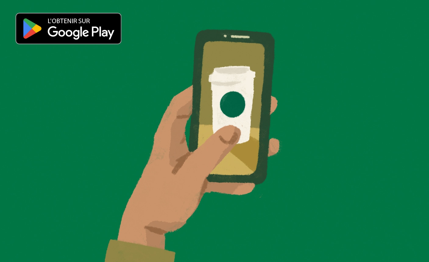 Illustration d’une main tenant un téléphone Android sur un fond vert foncé