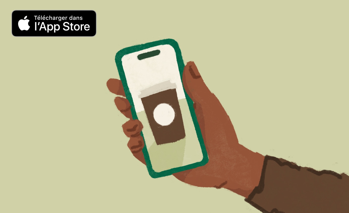 Illustration d’une main tenant un iPhone sur un fond vert pâle
