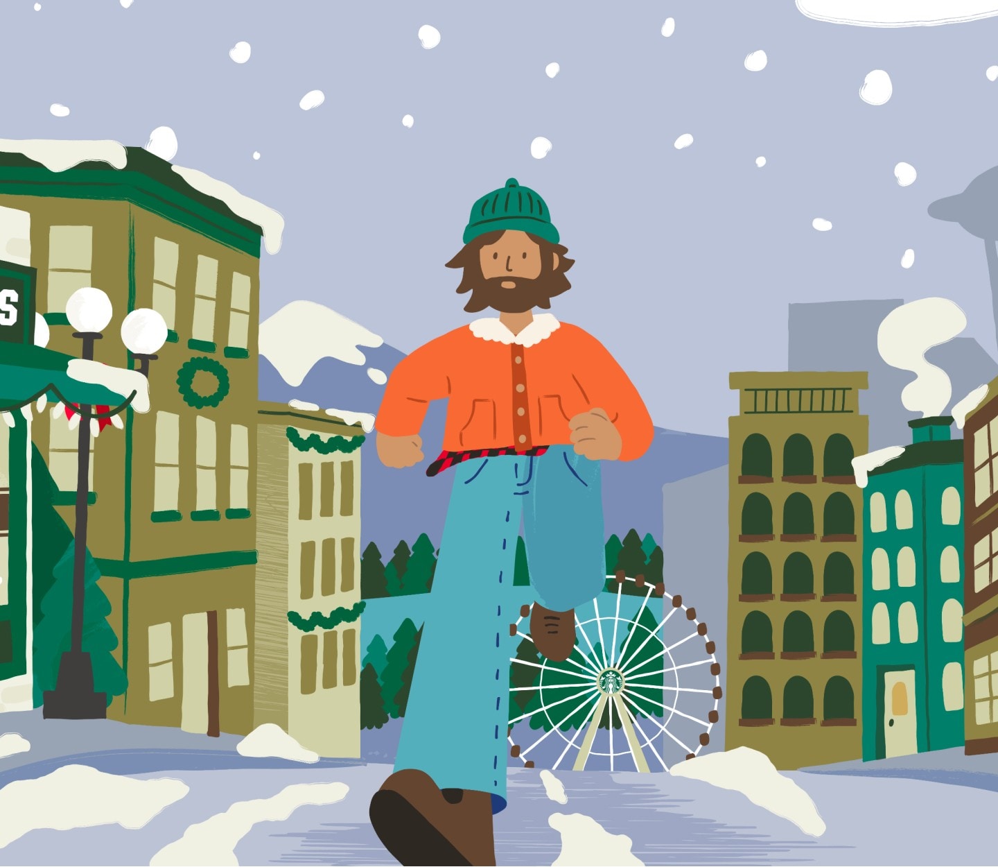 Image d’un homme vêtu de vêtements d’hiver courant dans les rues enneigées de Seattle.