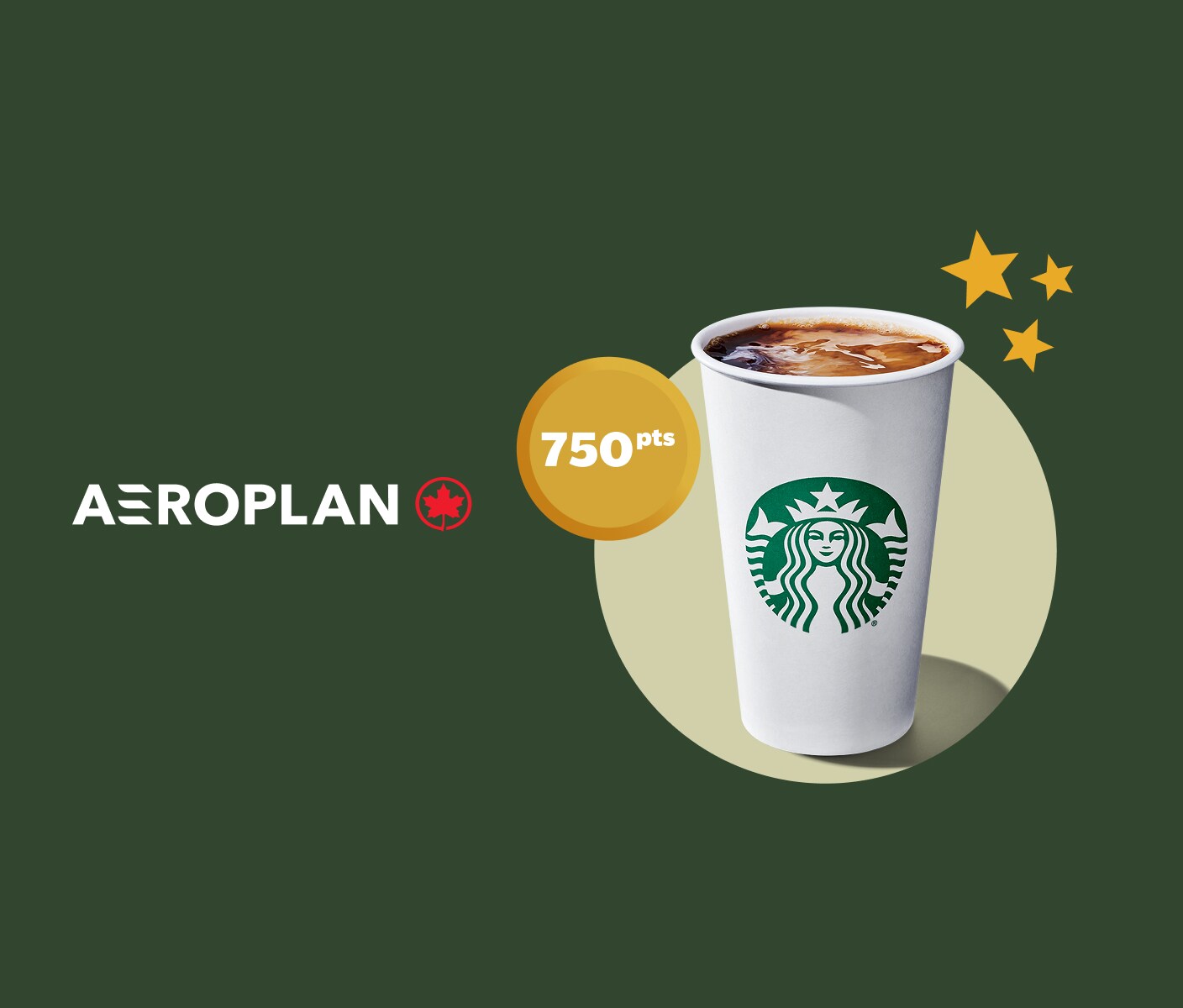 Un café est placé au centre d’un cercle vert pâle, avec un médaillon de 750 points à sa gauche et trois étoiles flottant en haut à droite, le tout sur un fond vert foncé riche.