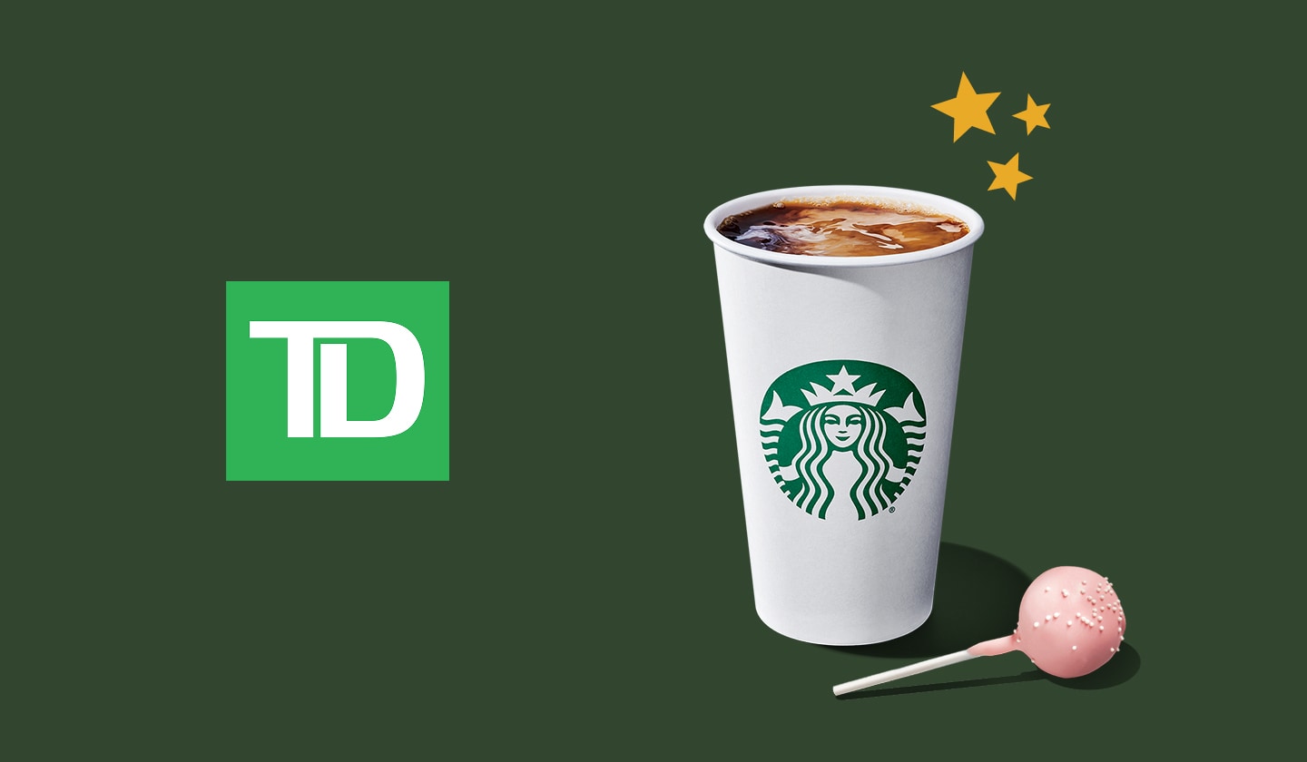 Un gobelet Starbucks à côté d’un gâteau-suçon rose, avec trois étoiles au-dessus, à droite du logo TD, sur fond vert.