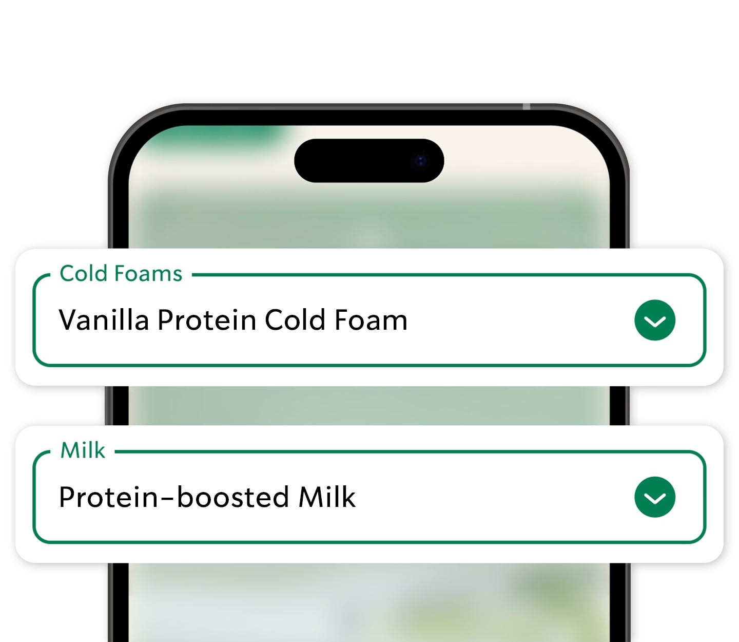 Écran montrant les options de personnalisation protéinées dans l’interface de commande mobile, y compris la mousse froide protéinée à la vanille et le lait avec proteins ajoutées.