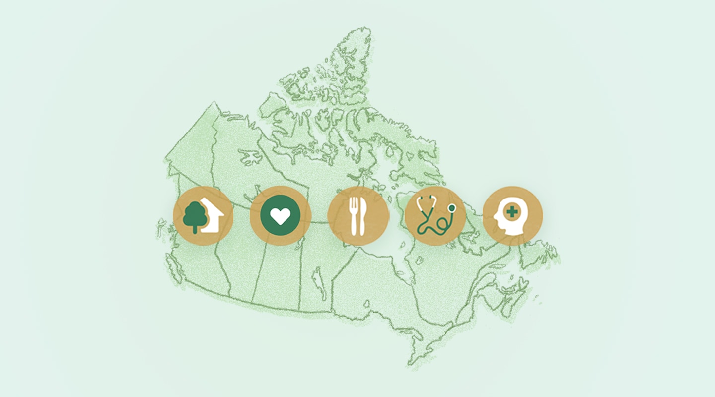 Des icônes représentant l’itinérance, la famille, la faim, les soins de santé et la santé mentale sont affichés sur une carte du Canada.