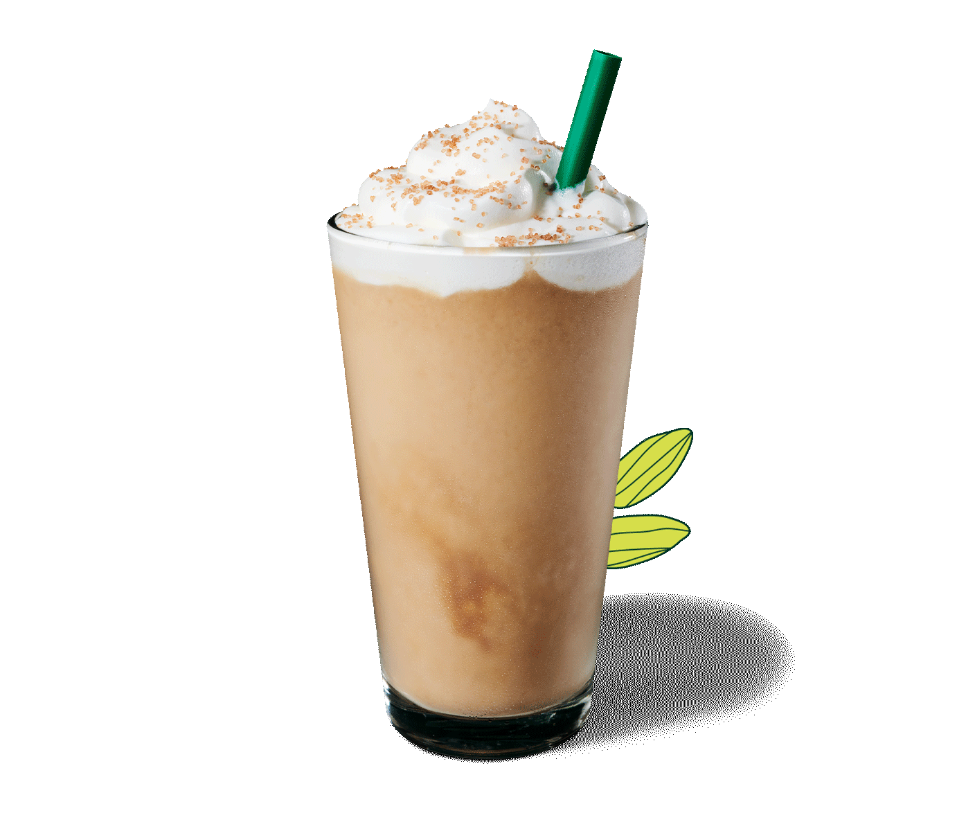 Une boisson frappée Frappuccino® à la pistache dans un verre avec une paille.