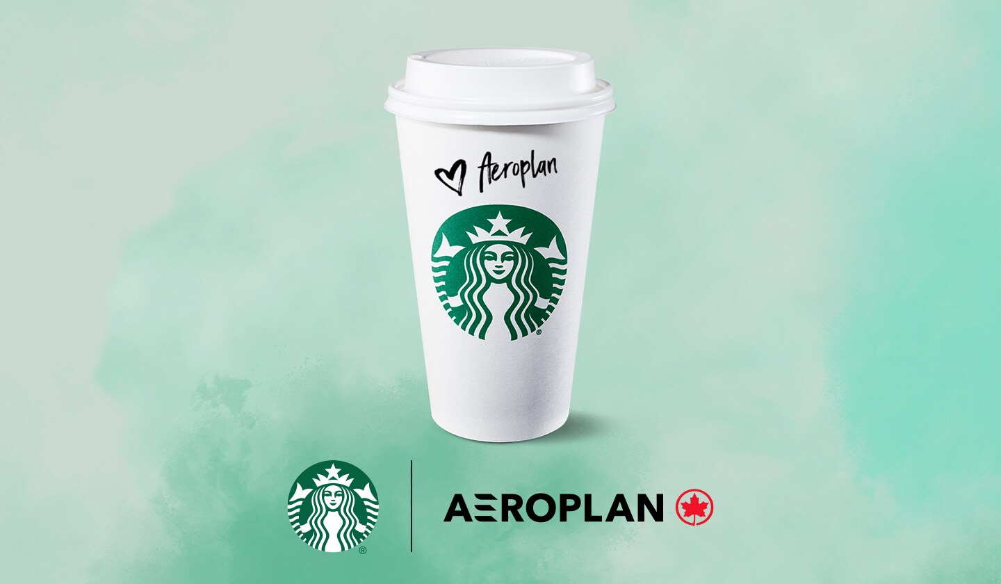 Une tasse Starbucks format Mezzo avec un couvercle. Le nom du client sur la tasse est Aéroplan.