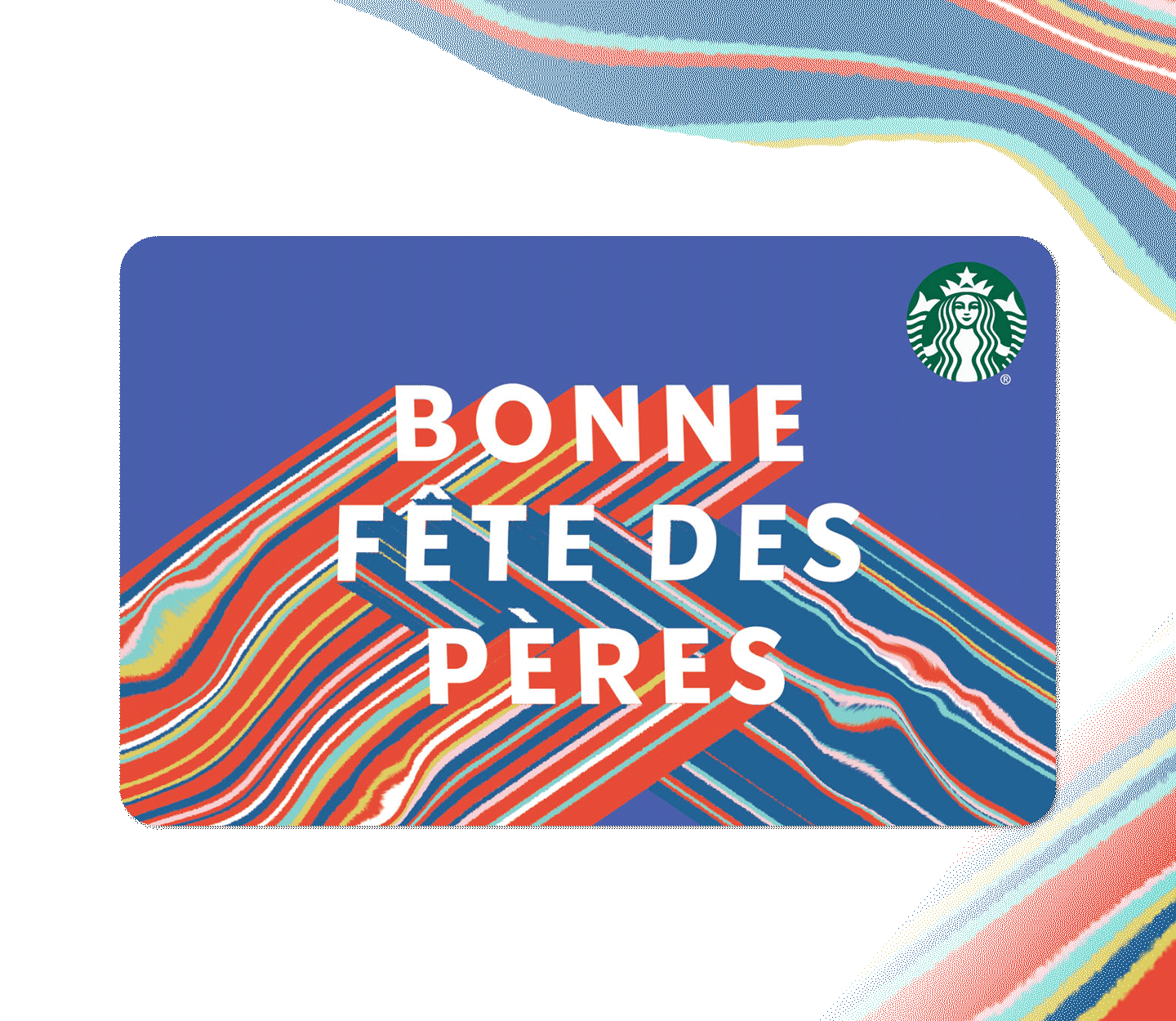 Carte-cadeau avec mention « Bonne fête des Pères » en lettres blanches sur un fond bleu.