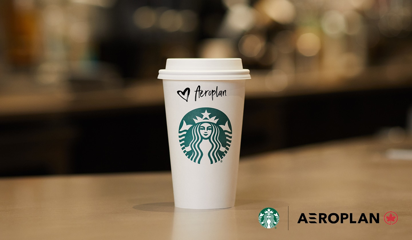 Une tasse Starbucks format Mezzo avec un couvercle posée sur le bar du café et qui attend son client. Le nom du client sur la tasse est Aéroplan.