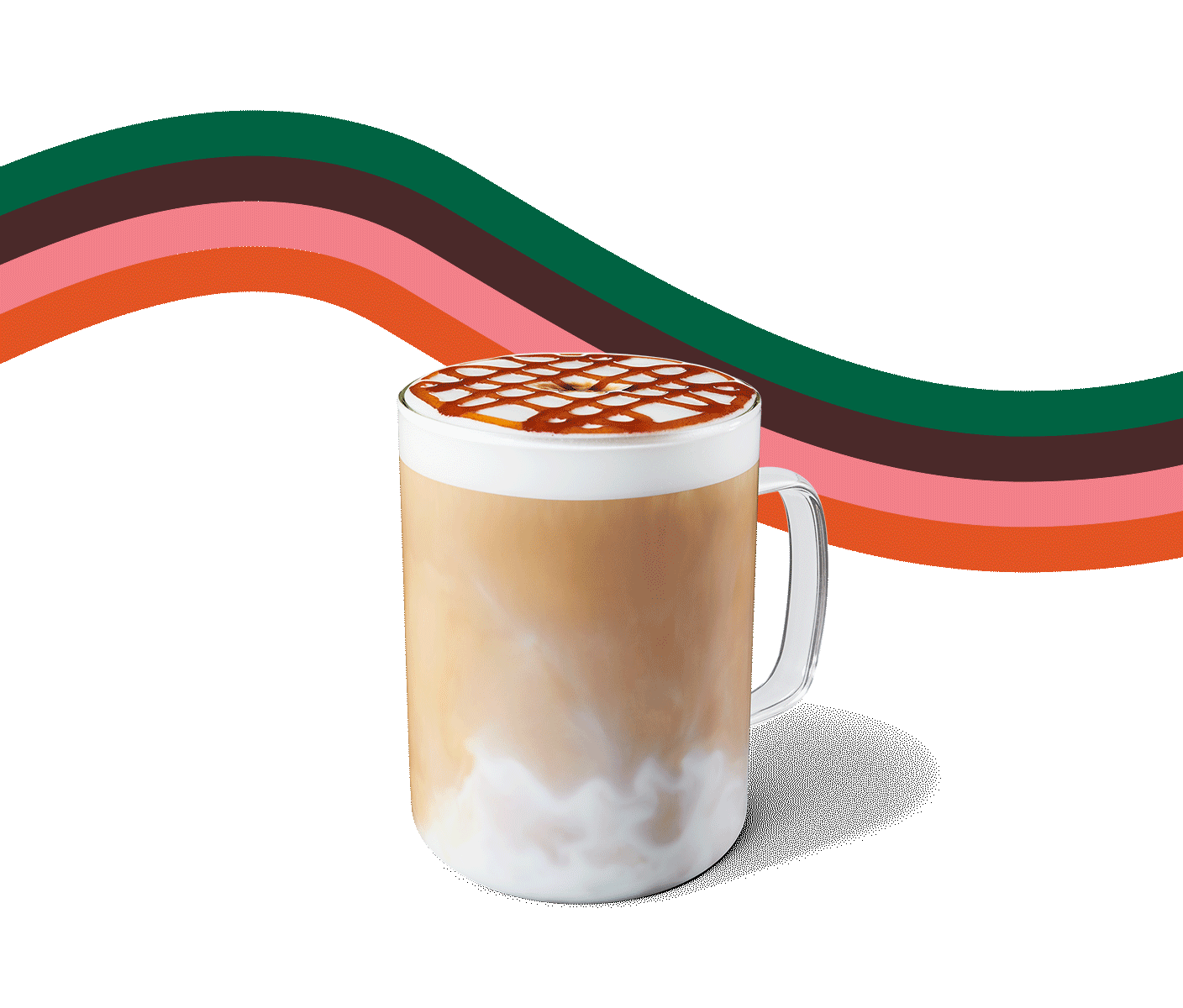 Un macchiato garni de coulis à la pomme épicée sur un fond beige avec une illustration aux couleurs d'automne.
