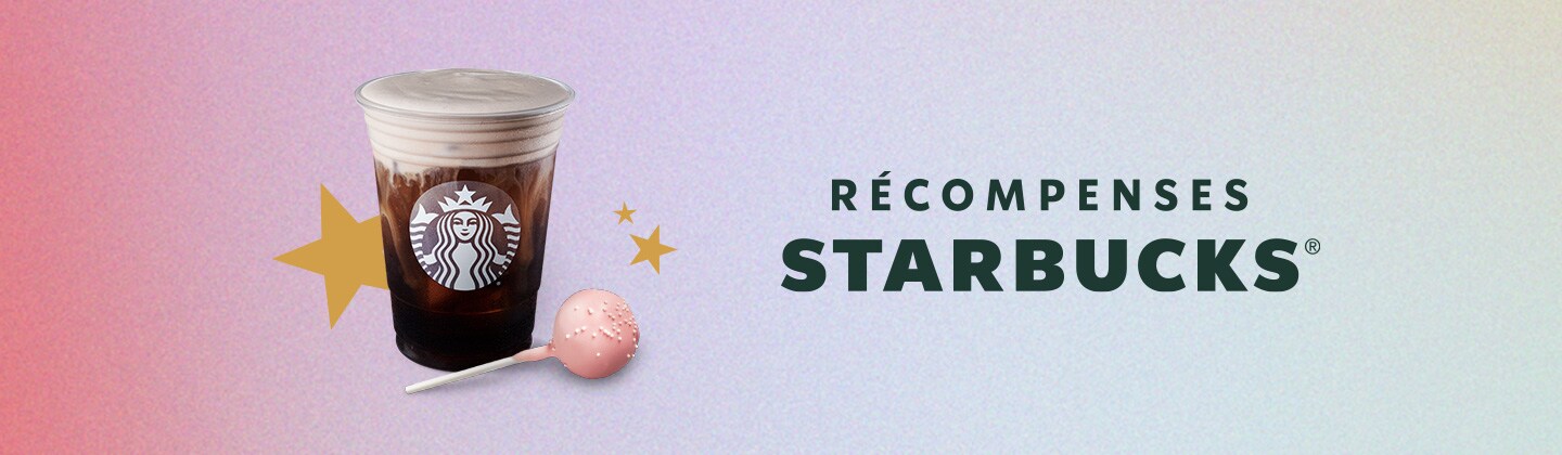 Produits Starbucks accompagnés d’étoiles or sur un fond en dégradé de rose et de mauve.