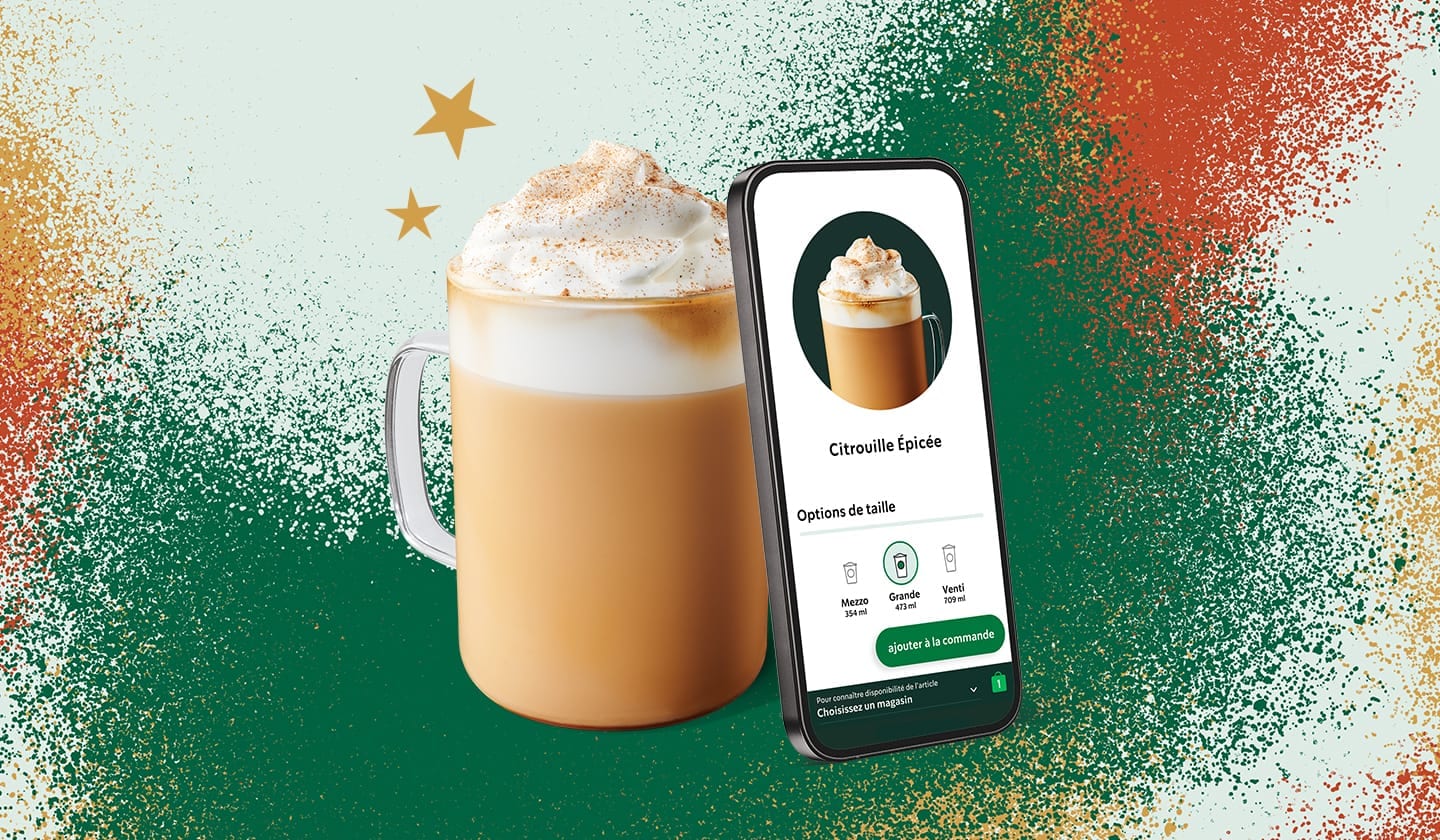 Latte à la citrouille épicée illustré avec un téléphone qui présente l'appli Starbucks, entouré d'étoiles en or.
