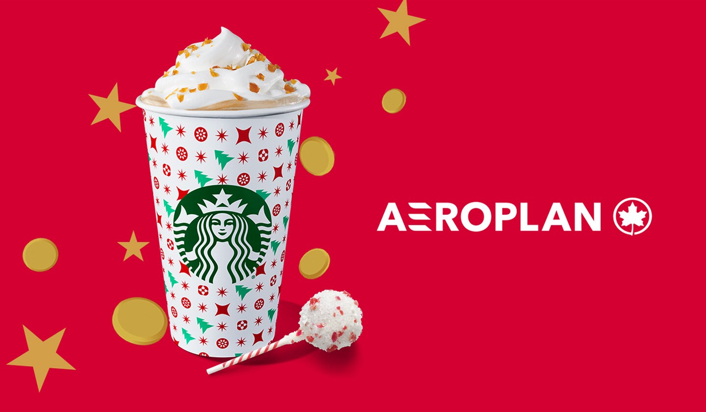 Une tasse des Fêtes Starbucks entourée de points et d’Étoiles à côté du logo Aéroplan