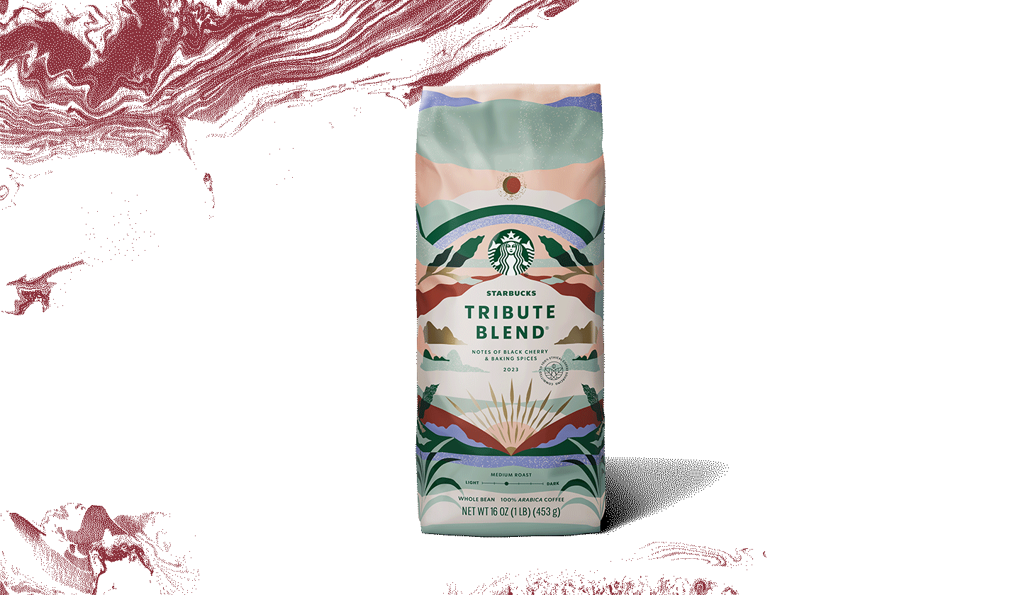 Un emballage de café illustrant trois régions caféicoles représentées par des paysages de la nature.