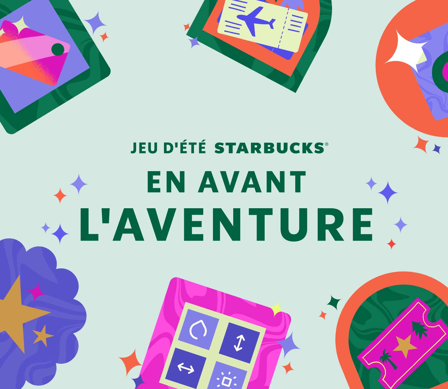 Le texte « Jeu d’été Starbucks® : En avant l’aventure » figure sur un arrière-plan de couleur menthe, entouré de badges.