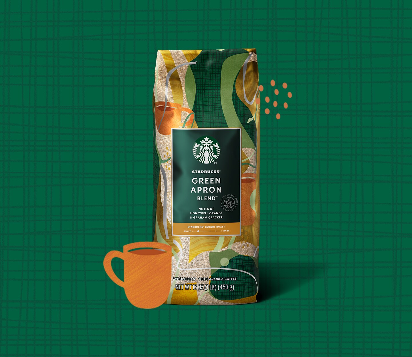 Une tasse de café illustrée à côté d’un paquet du Mélange Tablier vert devant un fond vert Starbucks.
