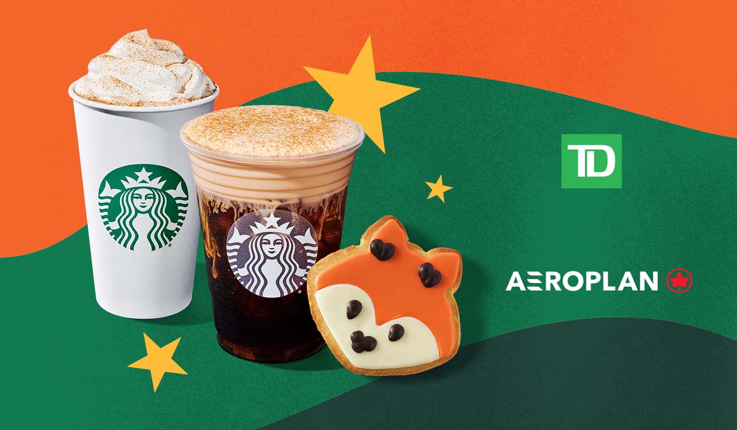 Des boissons d’automne et des pâtisseries Starbucks accompagnées du logo TD et d’Aéroplan et entourées d’étoiles.