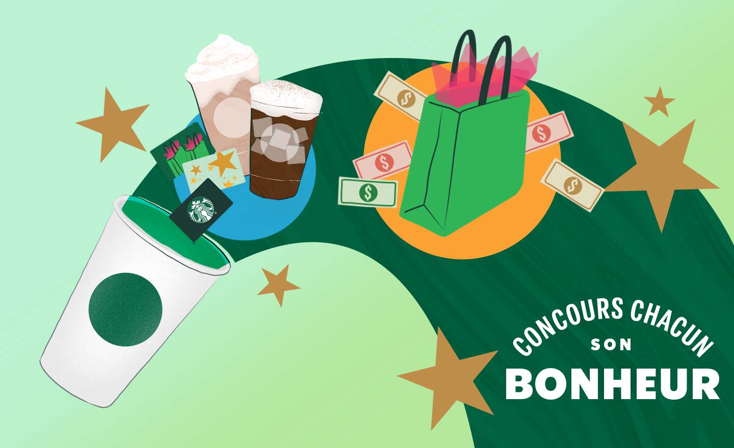 CONCOURS CHACUN SON BONHEUR - Tasse Starbucks et tourbillon vert d’où sortent de l’argent, un sac à provisions, des boissons et des étoiles