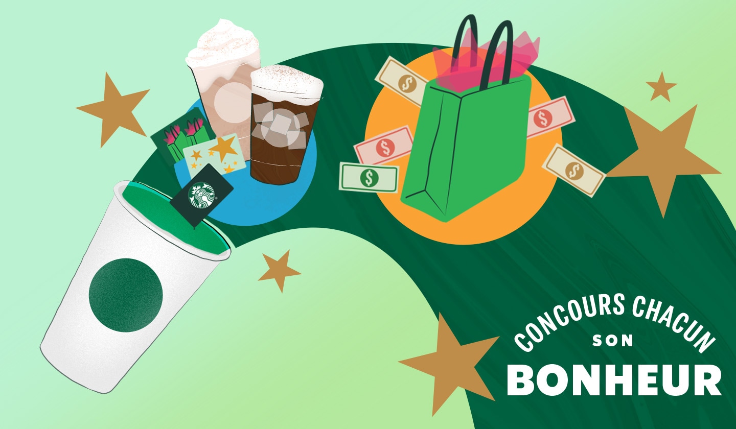 CONCOURS CHACUN SON BONHEUR | Tasse Starbucks et tourbillon vert d’où sortent de l’argent, un sac à provisions, des boissons et des étoiles