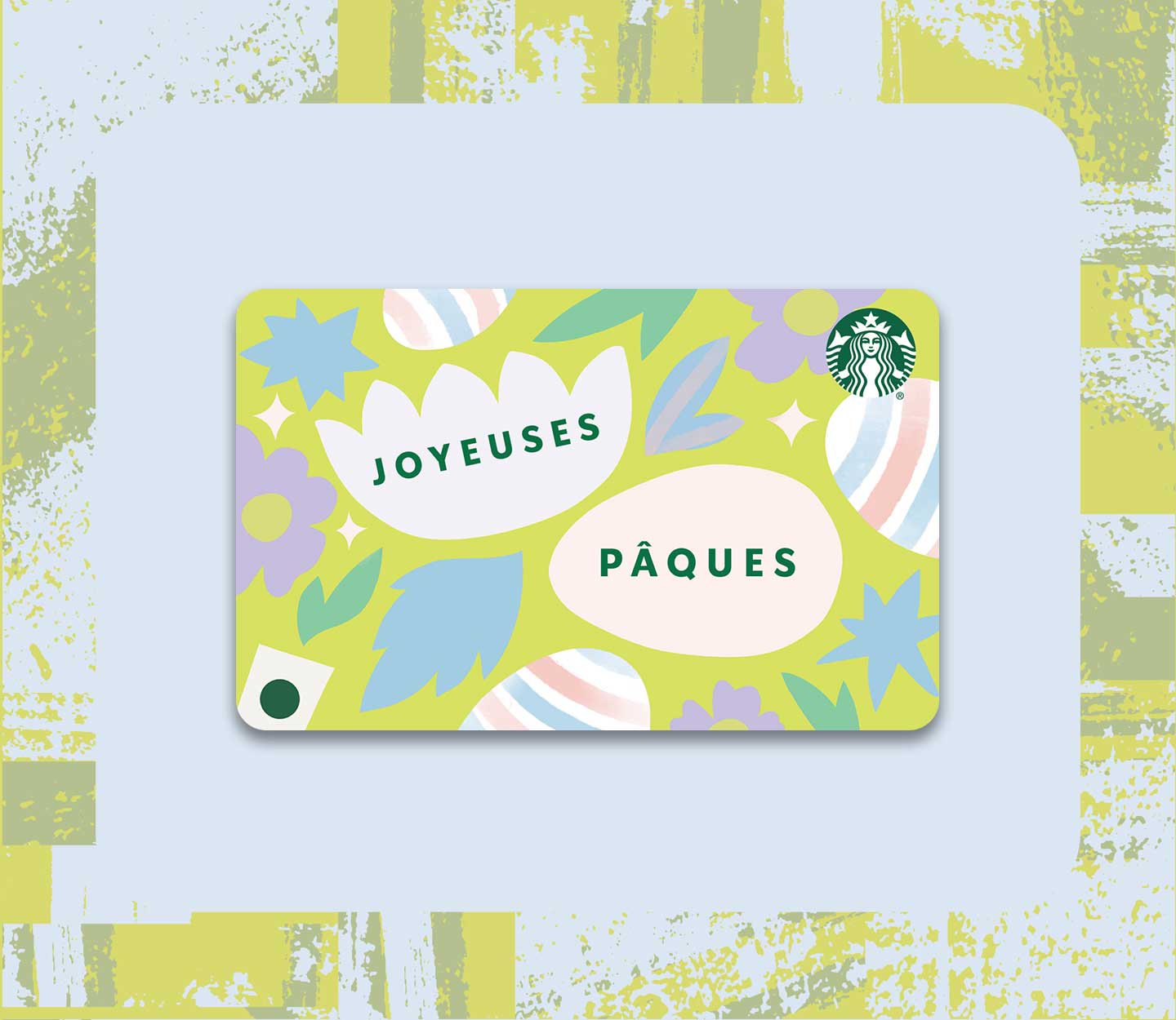 Une carte-cadeau portant l’inscription « JOYEUSES PÂQUES » avec une illustration d’œufs aux couleurs pastel.
