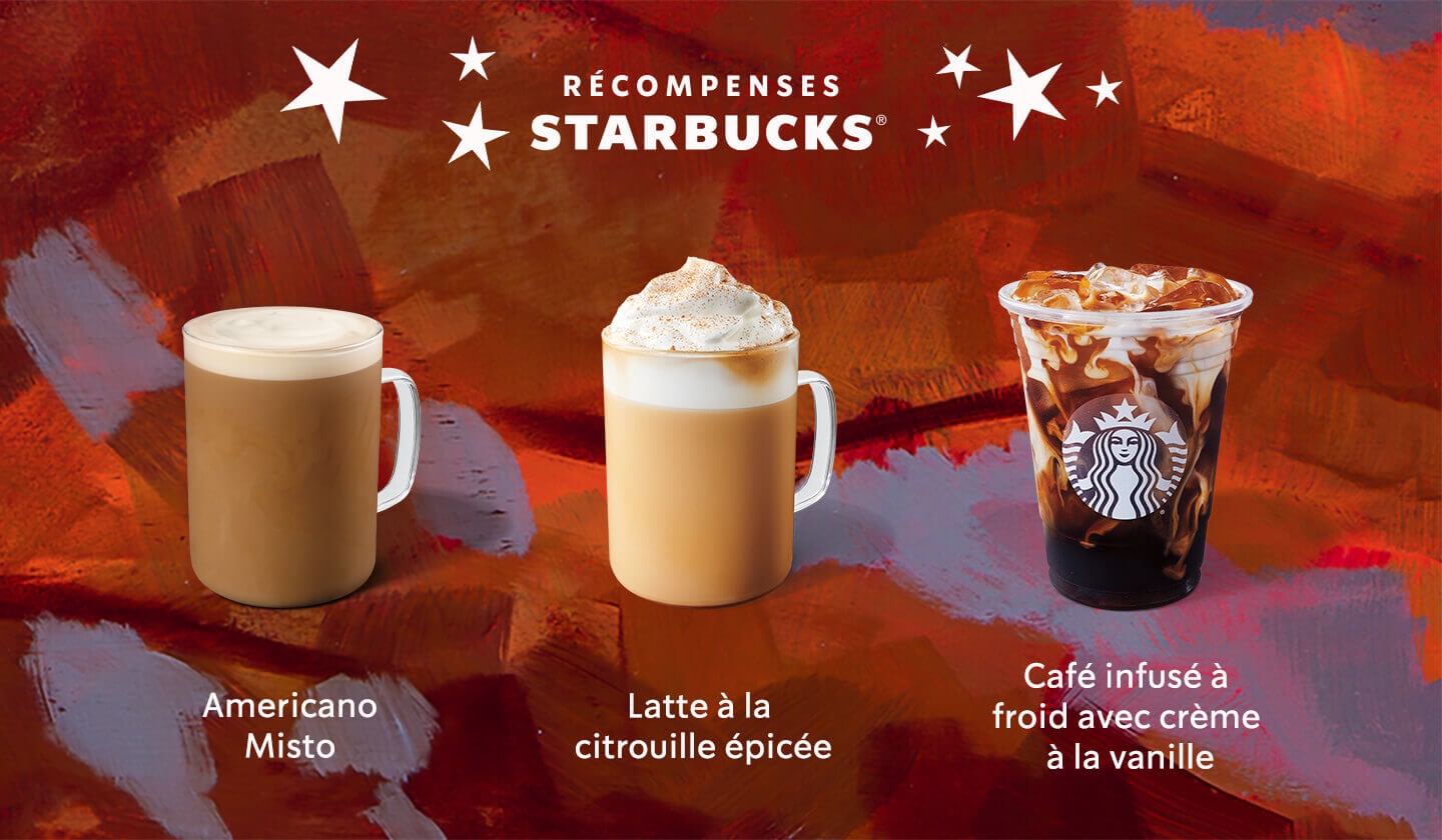 Image d’un Americano Misto, du Latte à la citrouille épicée et d’un café infusé à froid avec crème à la vanille sous des étoiles dorées et le logo Récompenses Starbucks.