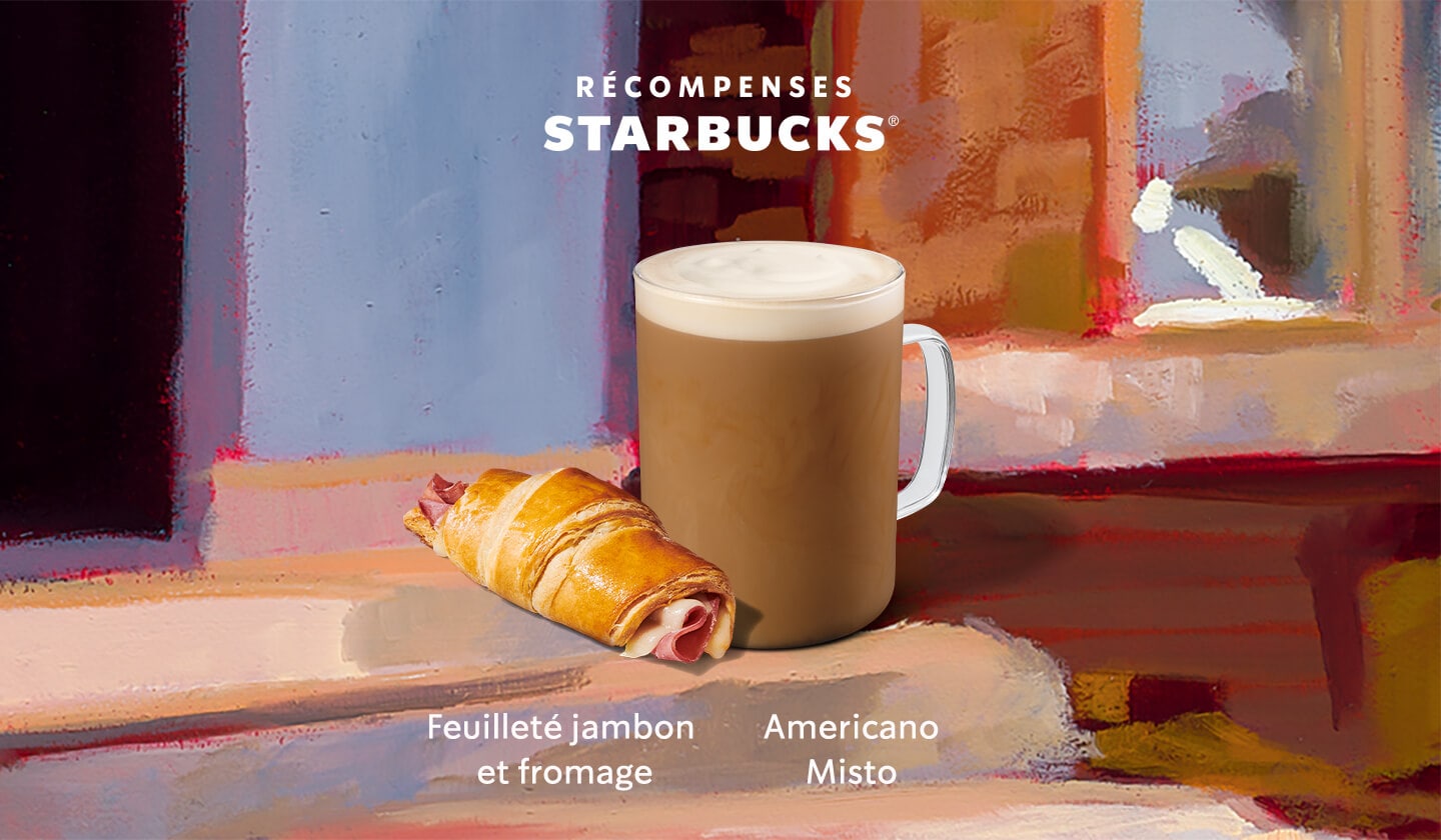 Image d’un Americano Misto avec un feuilleté jambon et fromage à ses côtés. Au-dessus, on voit le logo Récompenses Starbucks.