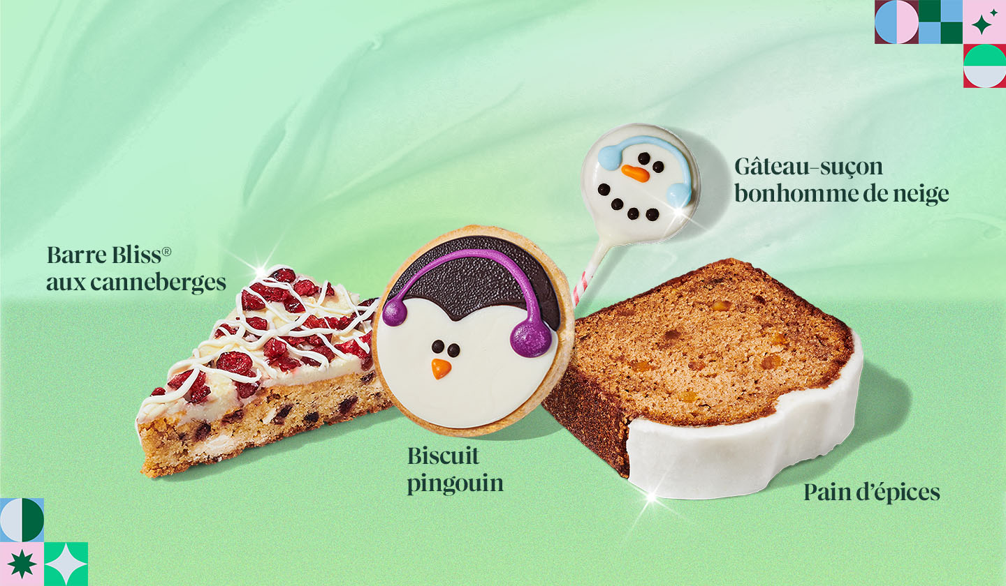 Barre Bliss® aux canneberges, Biscuit pingouin, Gâteau-suçon bonhomme de neige, Pain d’épices