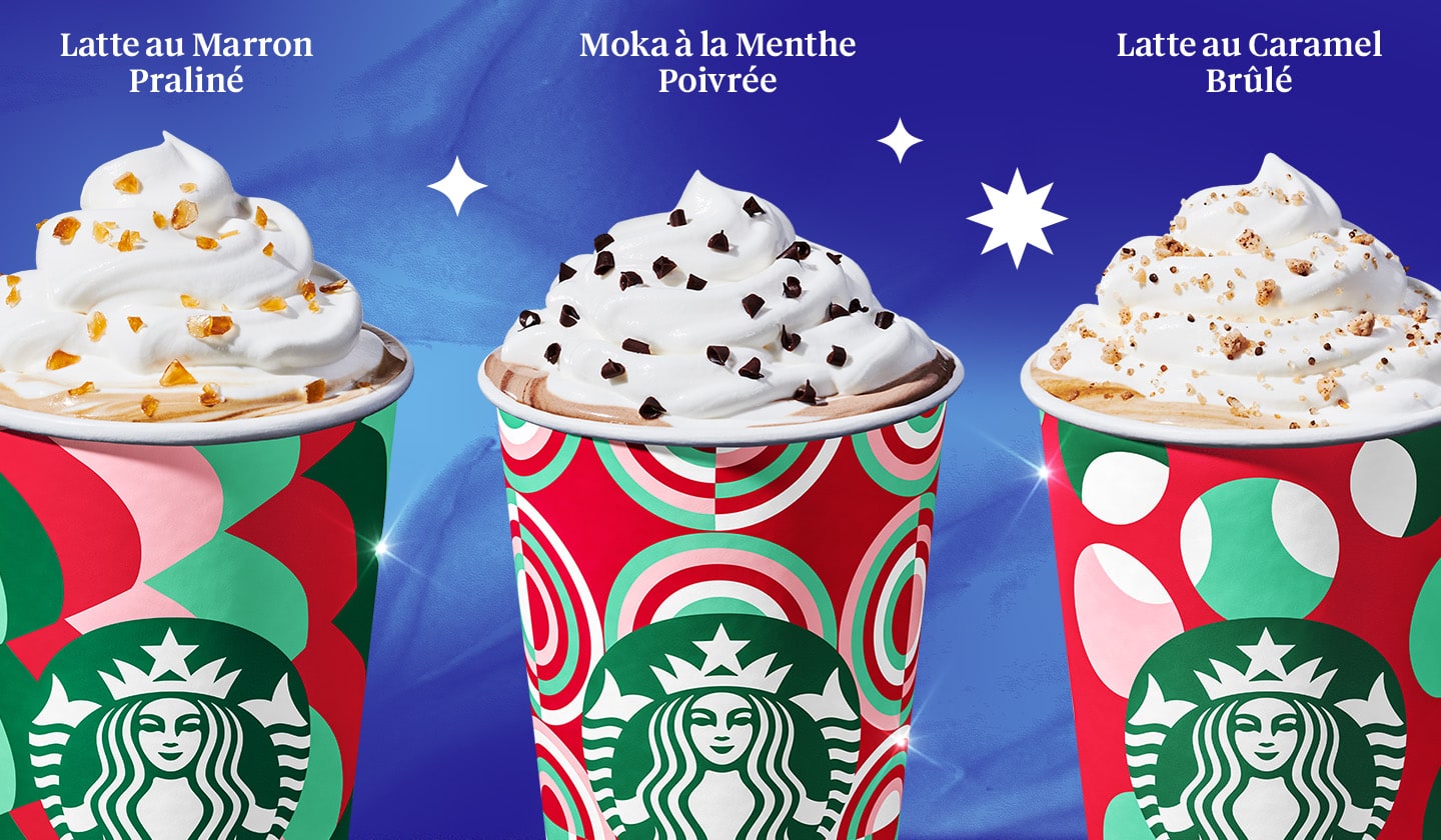 Latte au caramel brûlé, moka à la menthe poivrée, latte au marron praliné | Boissons des Fêtes Starbucks