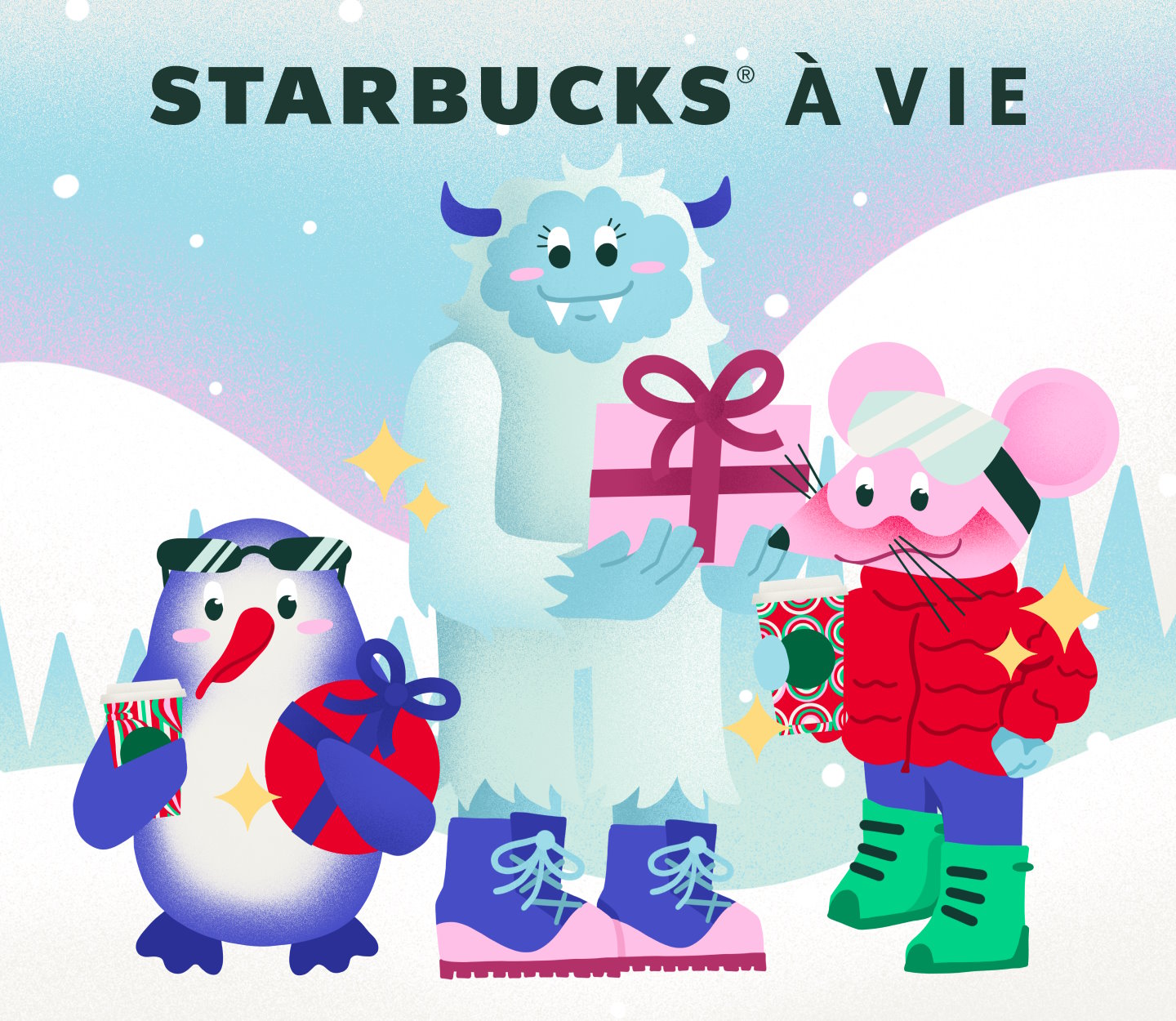 Illustration de Dandino le pingouin; de Betty le yéti; et de Basil la souris qui tiennent des cadeaux dans la neige avec le texte « Starbucks à vie ».