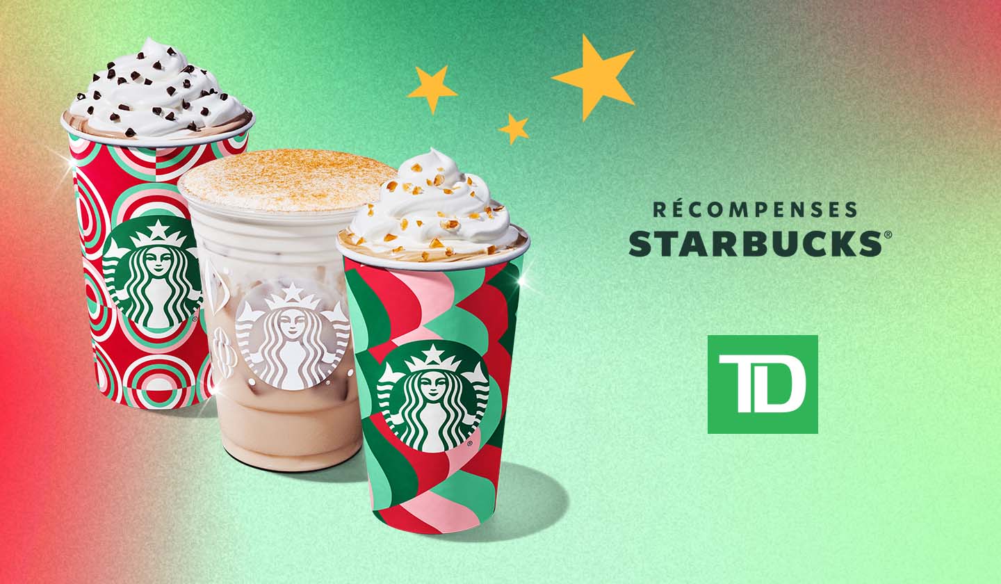 Des boissons Starbucks accompagnées d’étoiles et des logos TD et Récompenses Starbucks