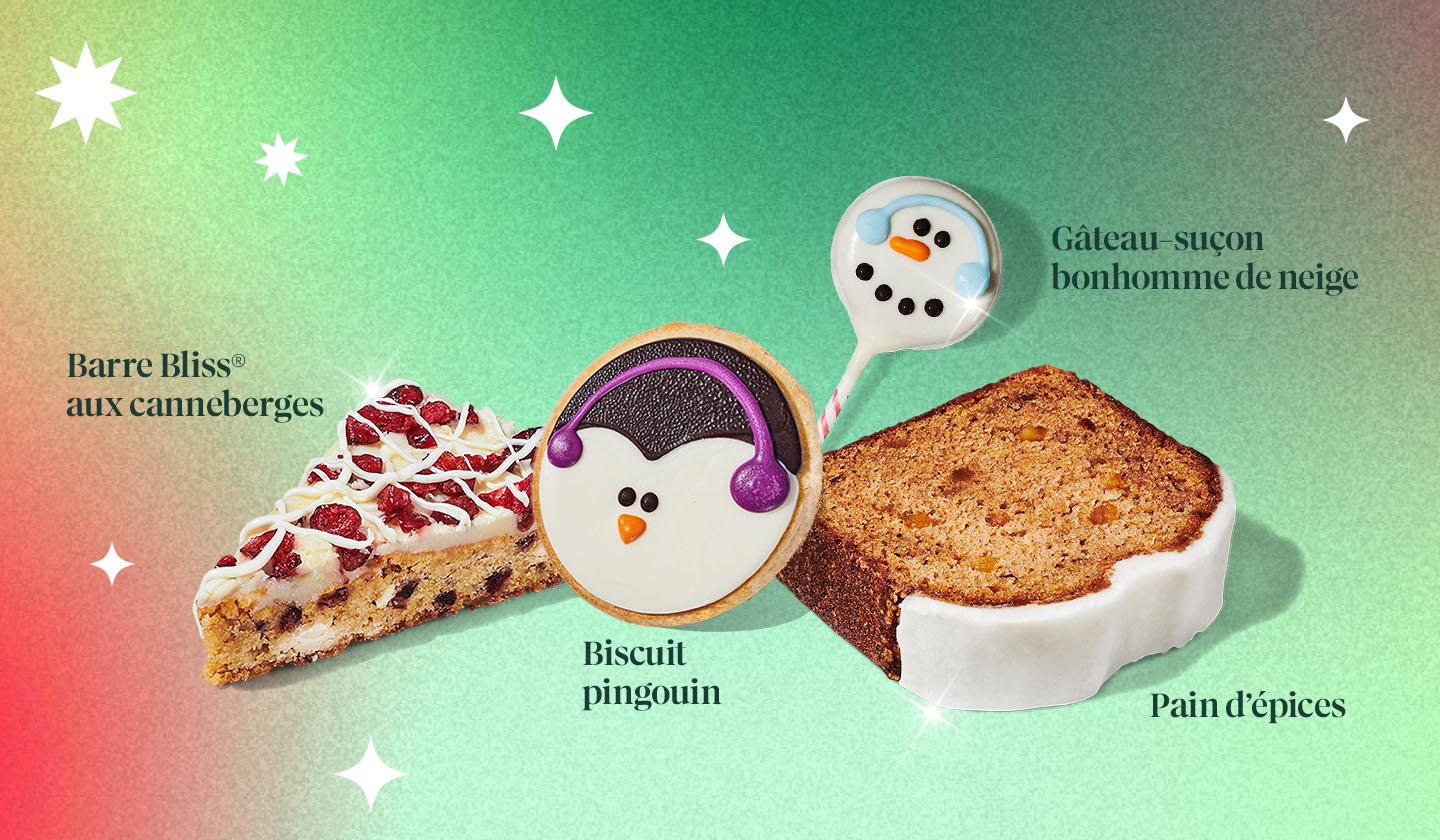 Barre Bliss aux canneberges, biscuit pingouin, pain d’épices, gâteau-suçon bonhomme de neige |Produits de boulangerie des Fêtes Starbucks