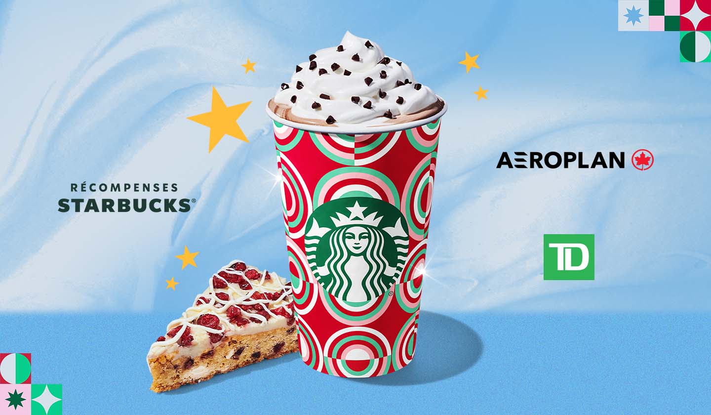 Les produits festive de Starbucks avec le logo Aéroplan et TD, le tout entouré d’étoiles