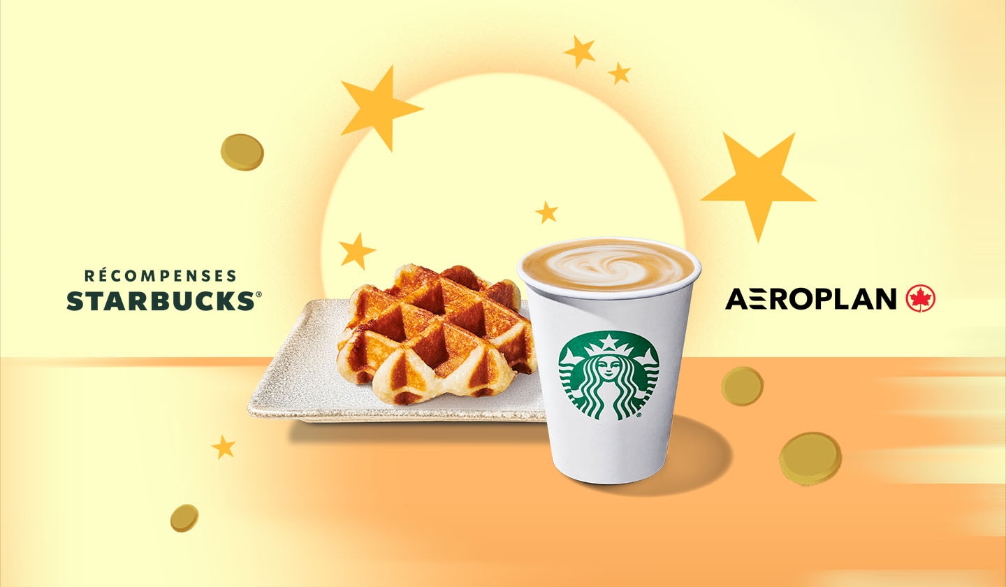 Boissons hivernales Starbucks et gaufre, entourées de pièces de monnaie et d’étoiles, avec les logos Aéroplan et Récompenses Starbucks.