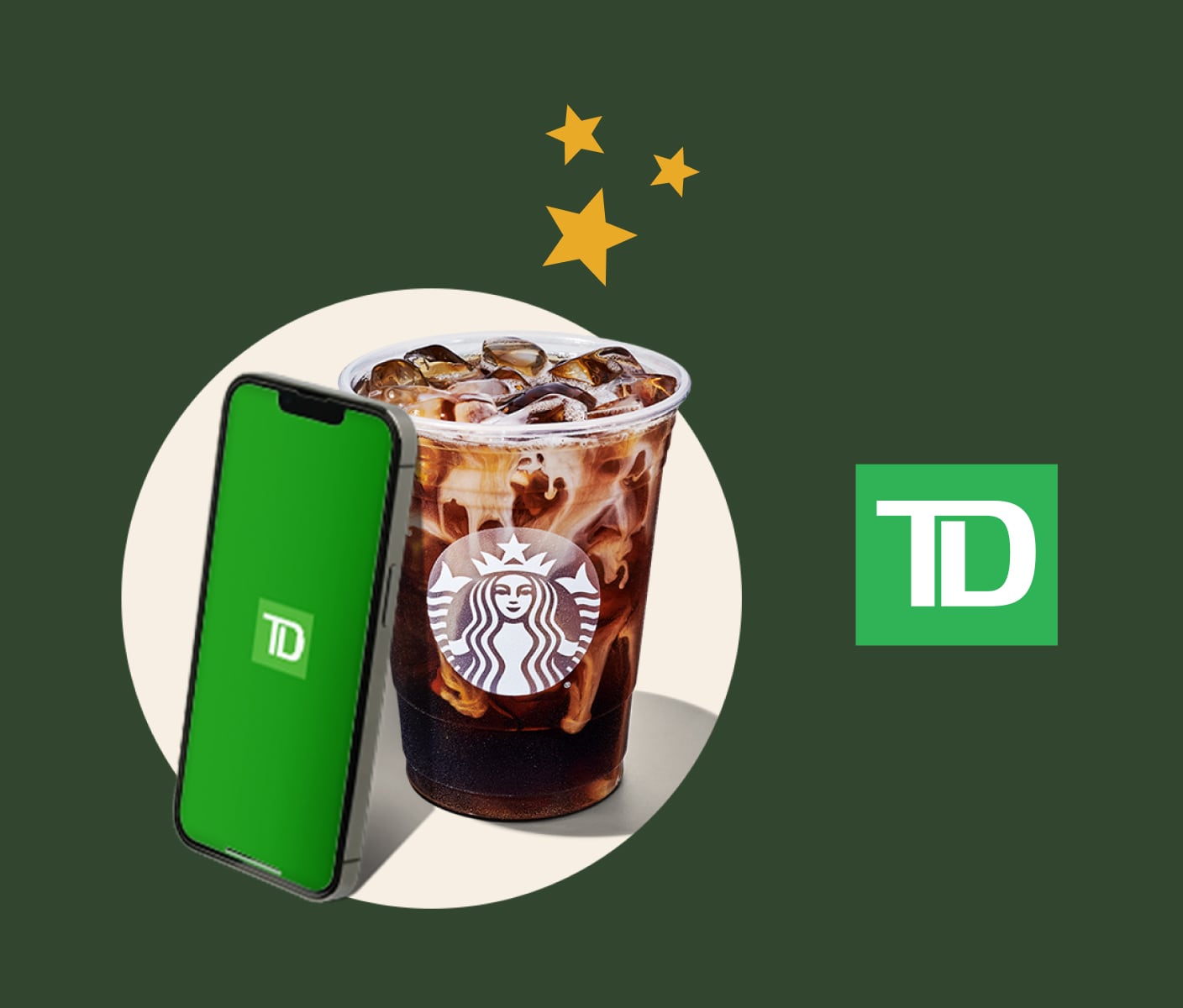Nous voyons un téléphone ouvert sur un écran vert de la TD, posé contre un café glacé à l'aspect rafraîchissant, avec quelques étoiles qui dansent au-dessus.