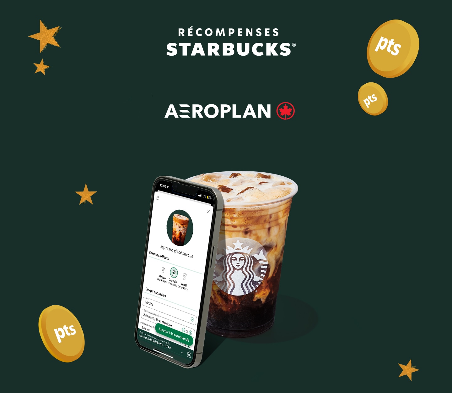 On voit un espresso glacé et un téléphone intelligent debout avec de la verdure en arrière-plan. Des Étoiles Récompenses Starbucks® les entourent, ainsi que les logos Aéroplan et Récompenses Starbucks®.