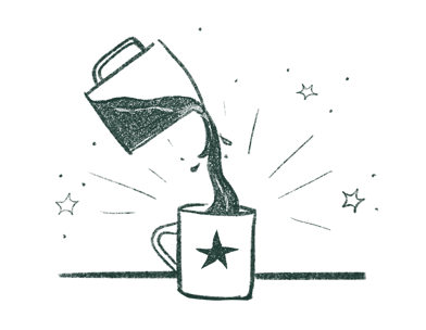 Pichet qui verse du café dans une tasse. Illustration.
